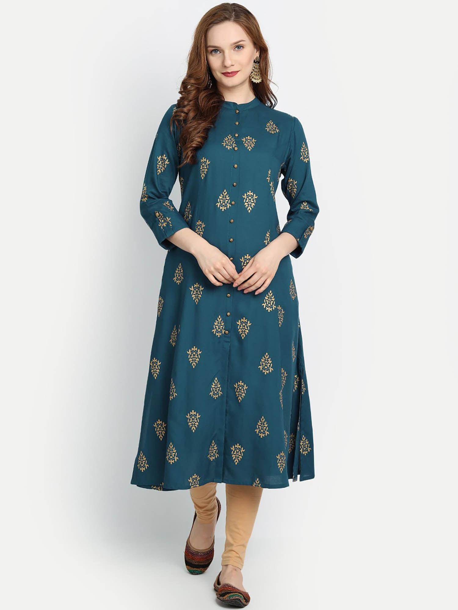 women rayon gold printed straight kurta navy blue