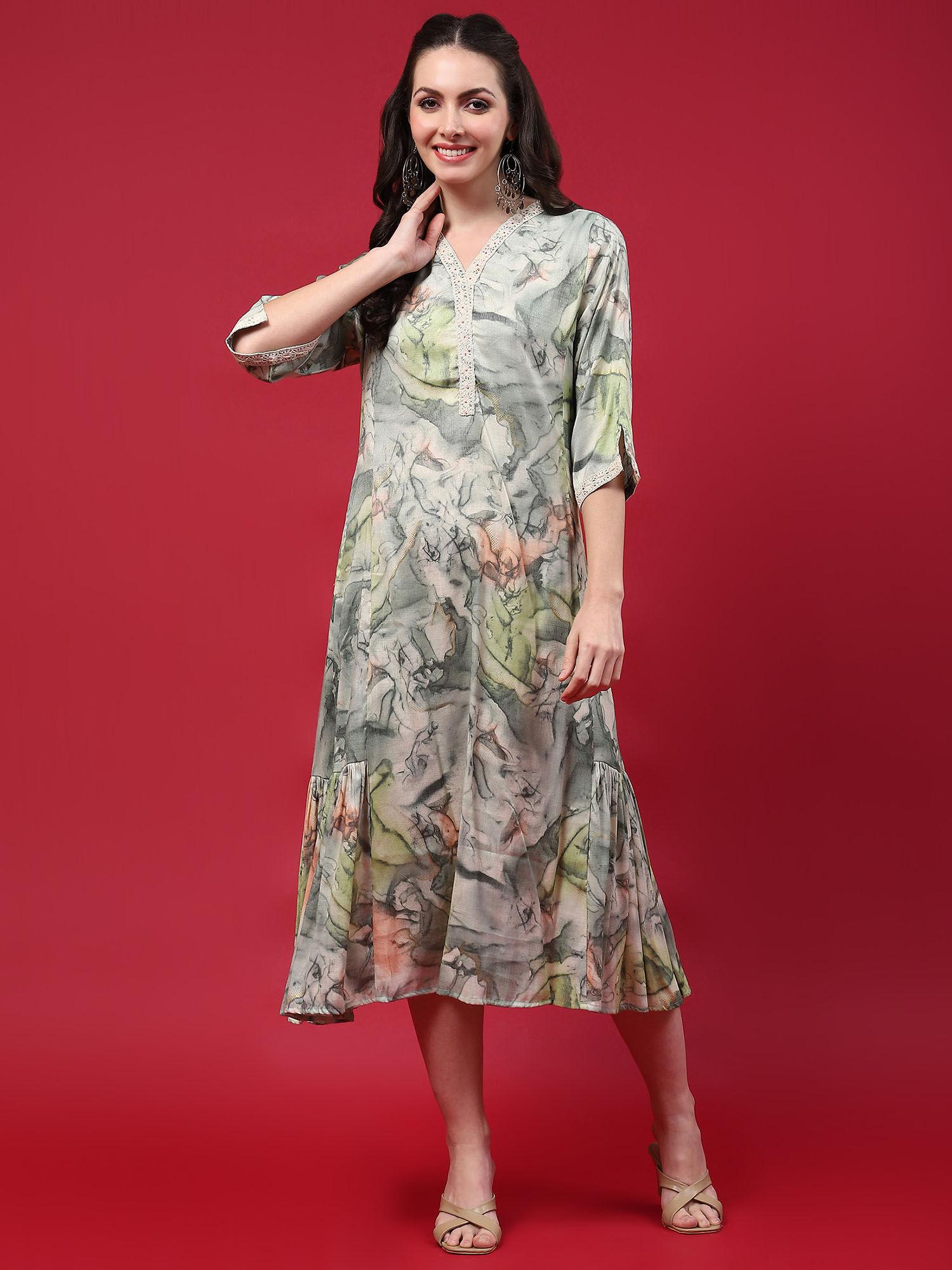 women rayon green abstract printed dress