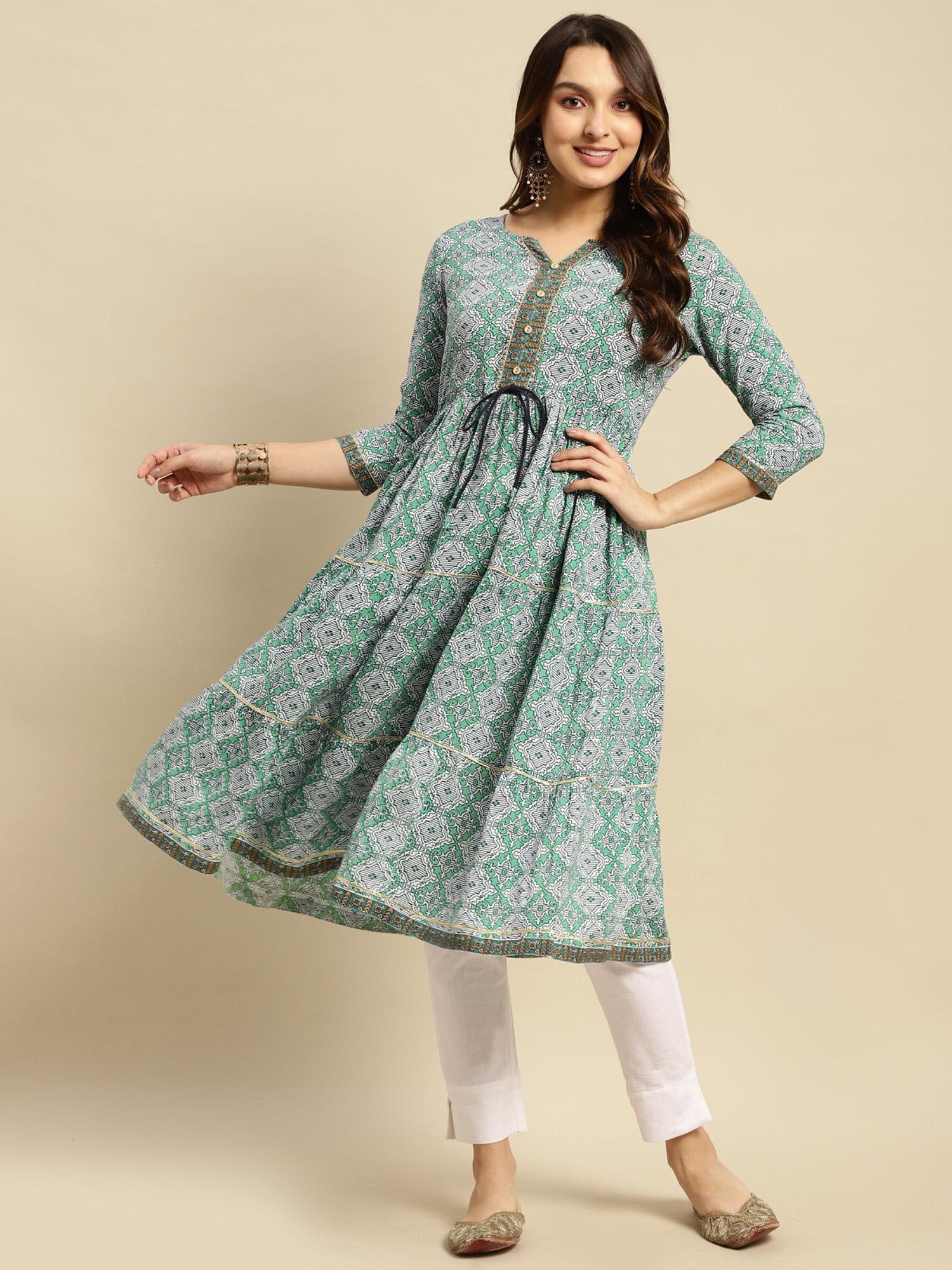 women rayon green printed calf length tiered kurta