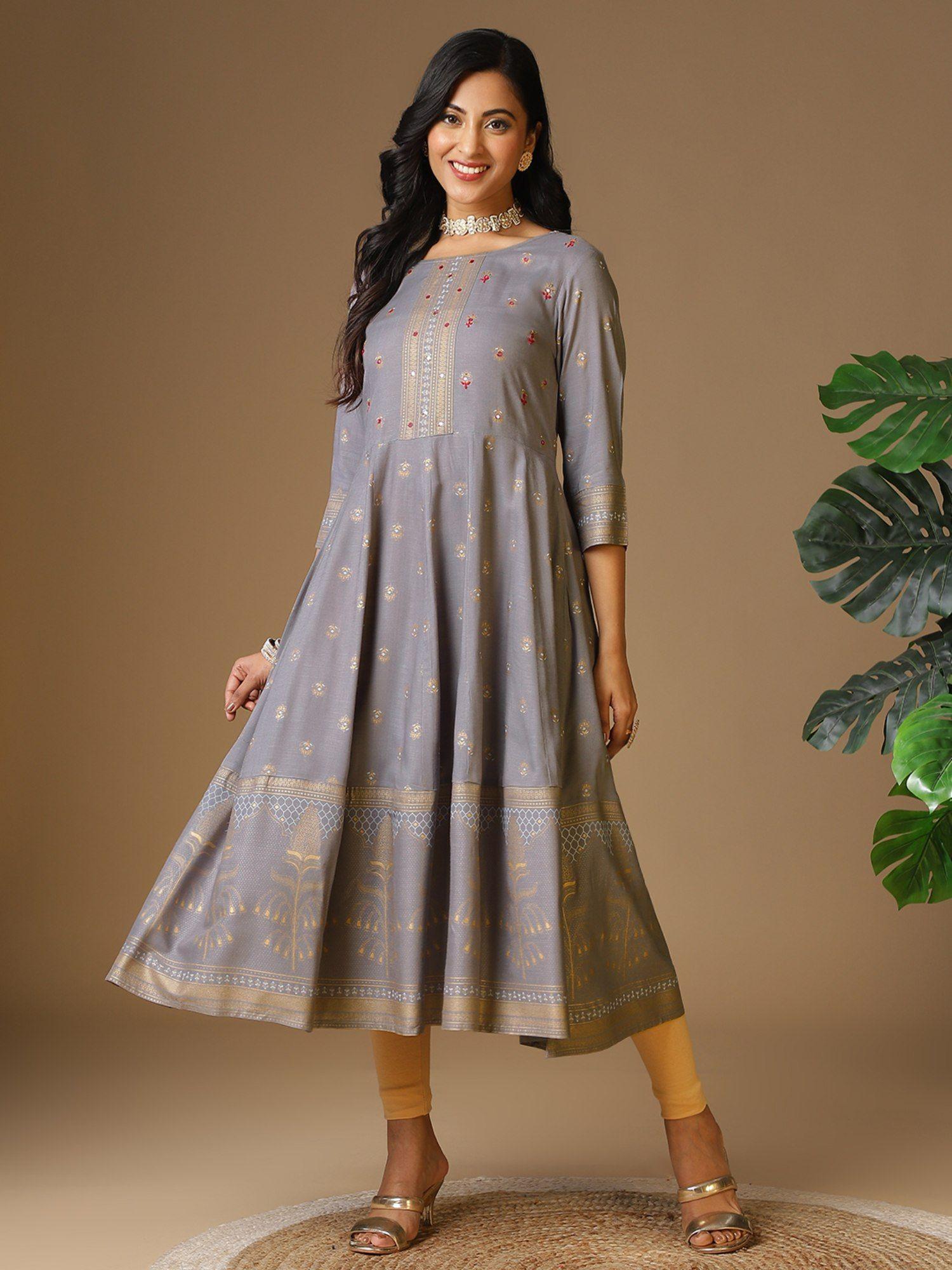 women rayon grey embellished calf length anarkali kurta