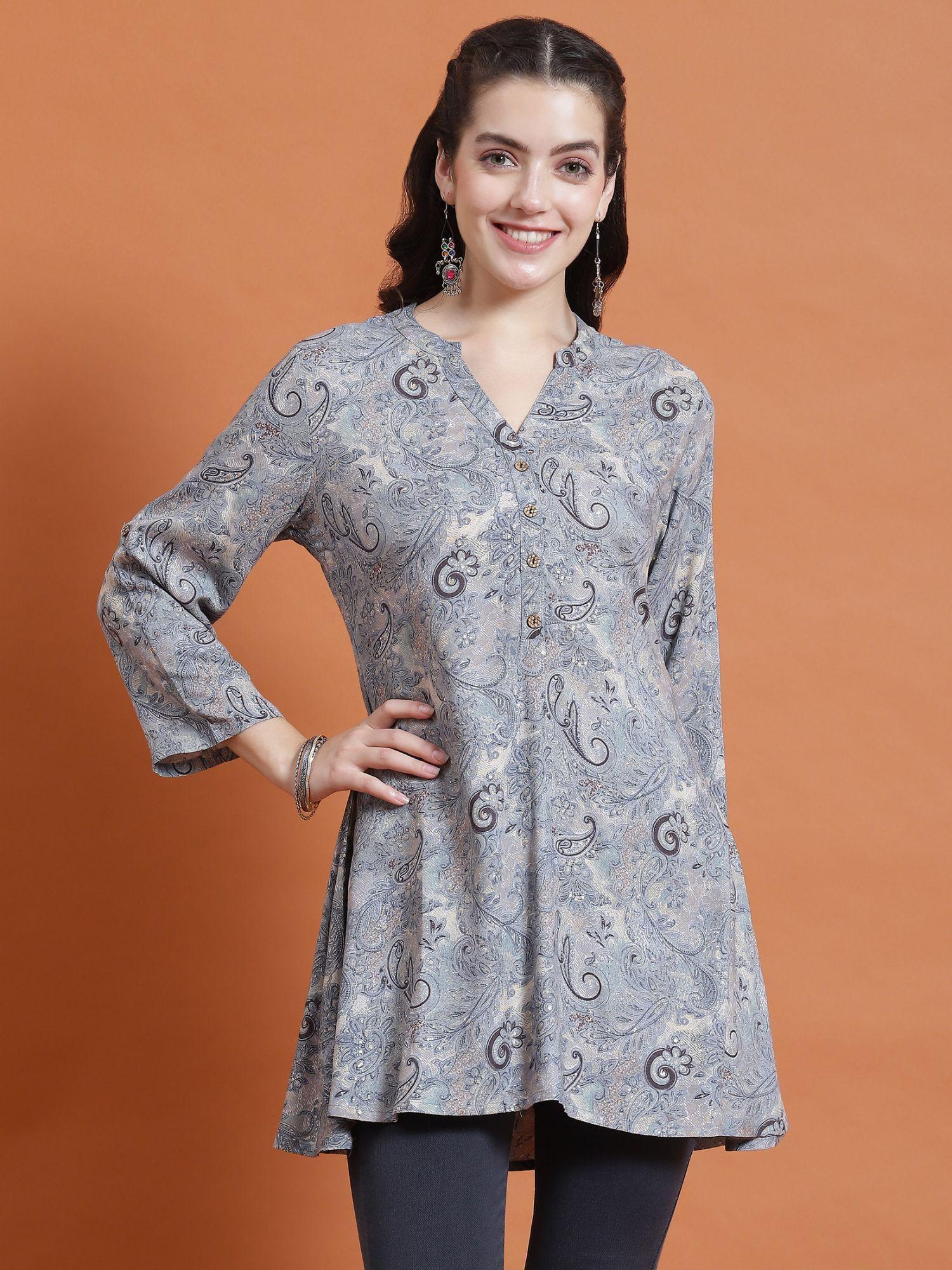 women rayon grey paisley print tunic