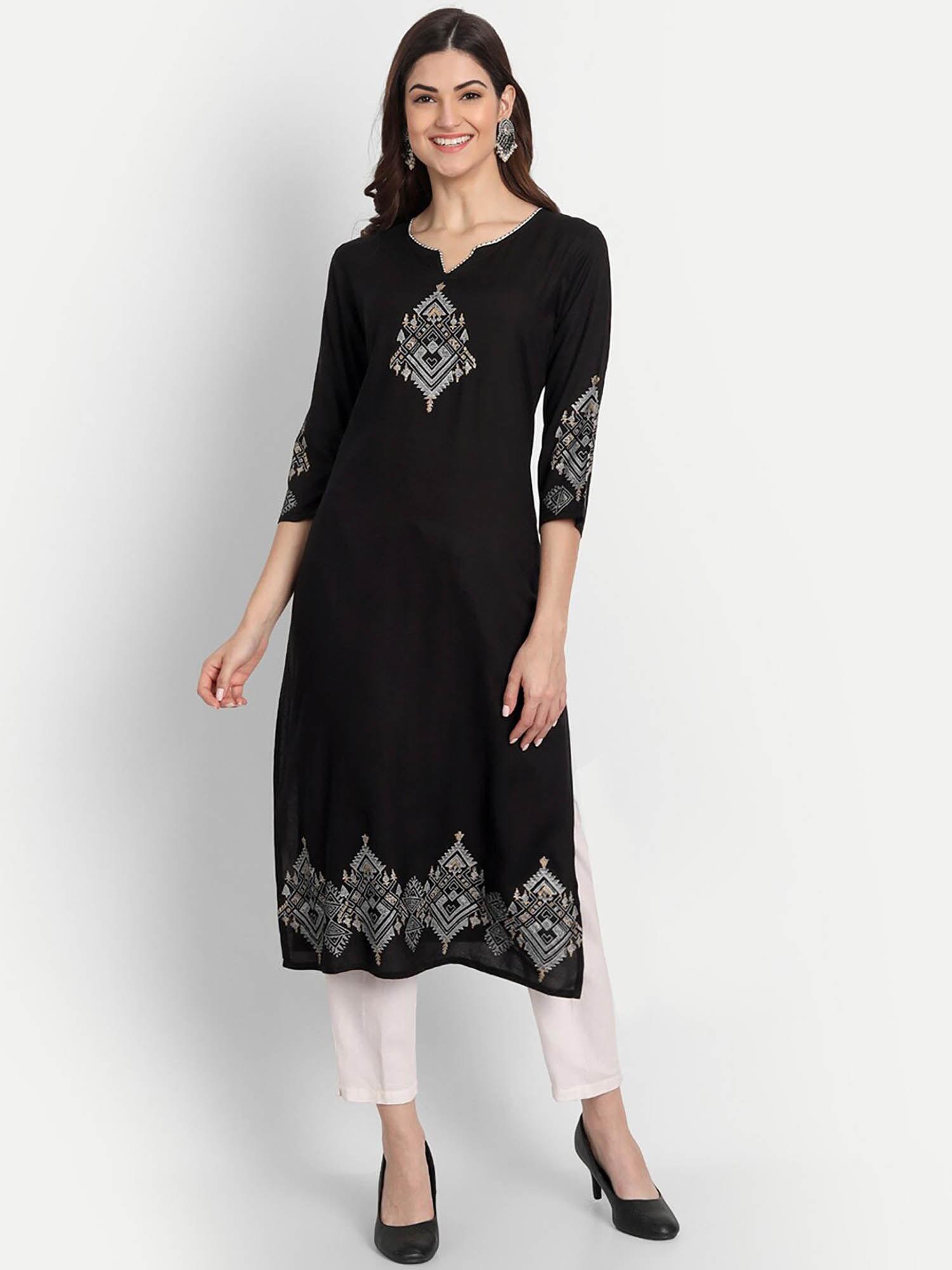 women rayon hand block printed straight long kurta black