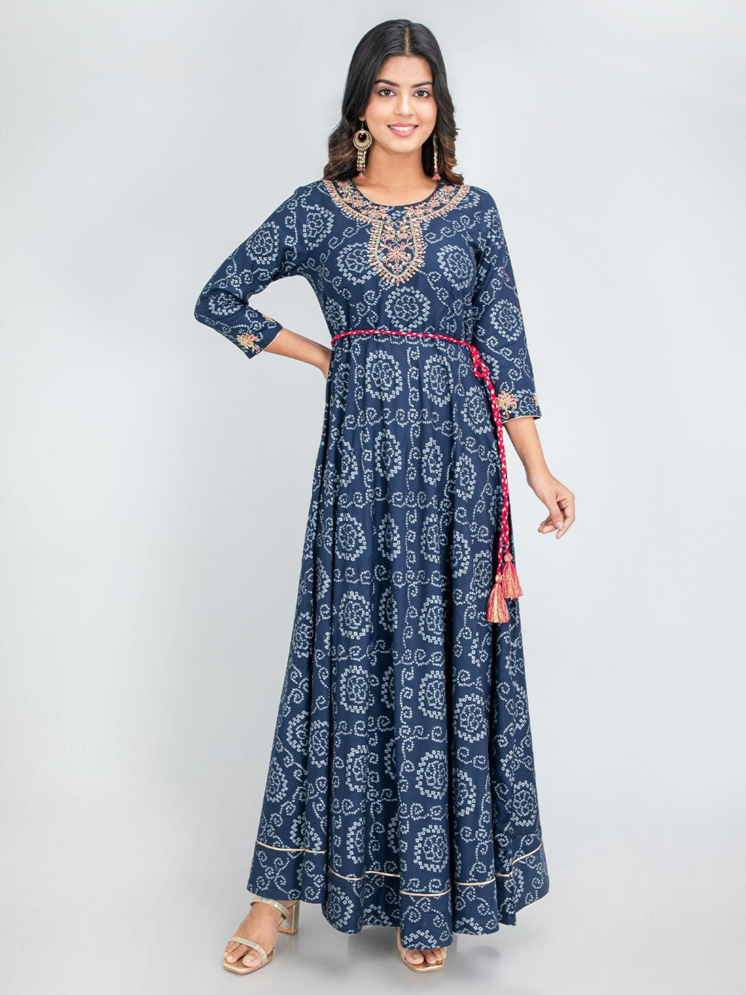 women rayon hand embellished with bandhan print dress blue