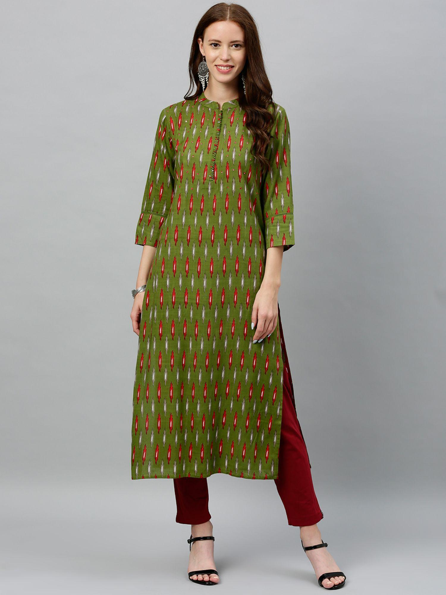 women rayon ikat printed straight kurta green