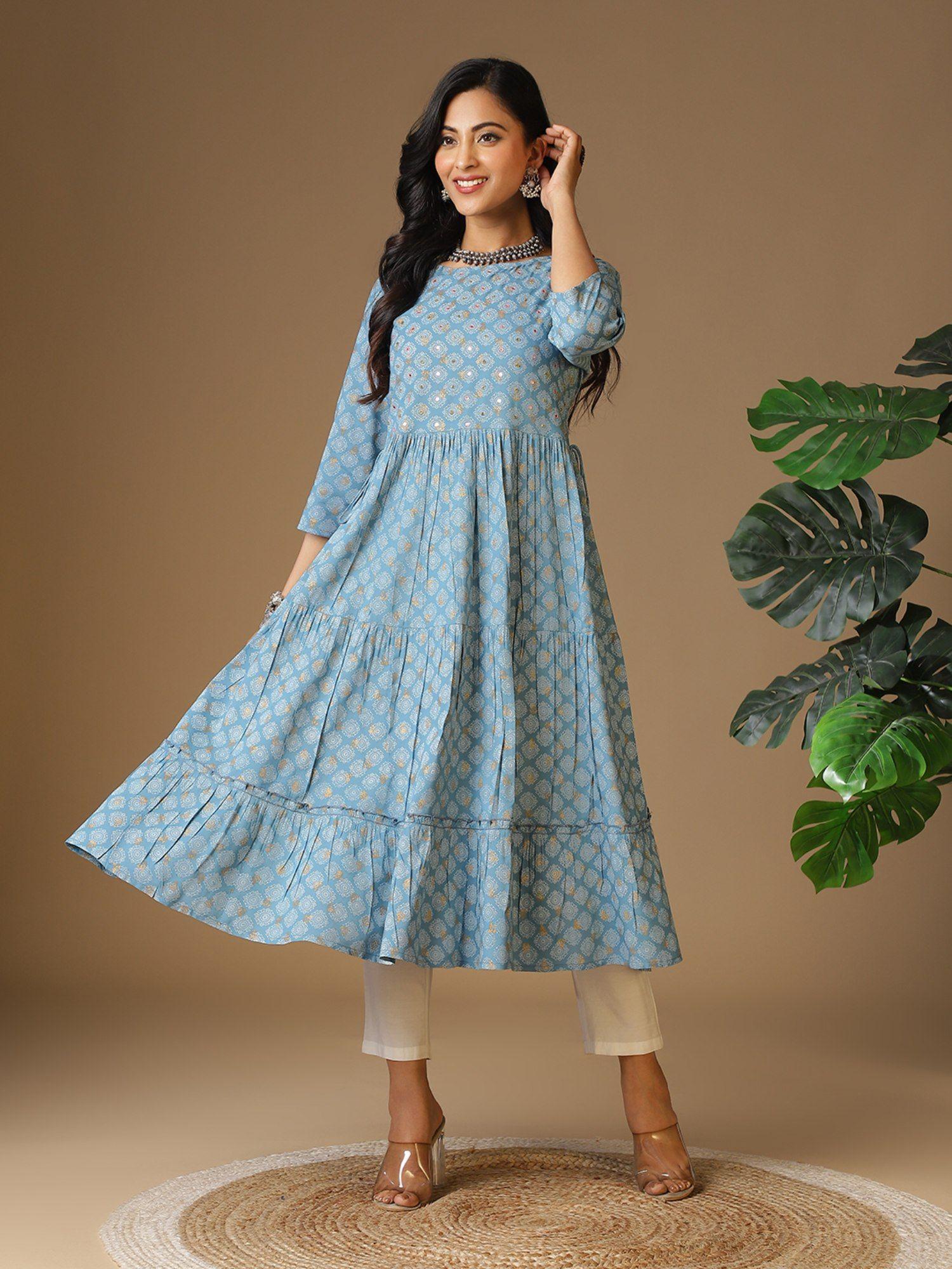 women rayon light blue embellished calf length anarkali kurta