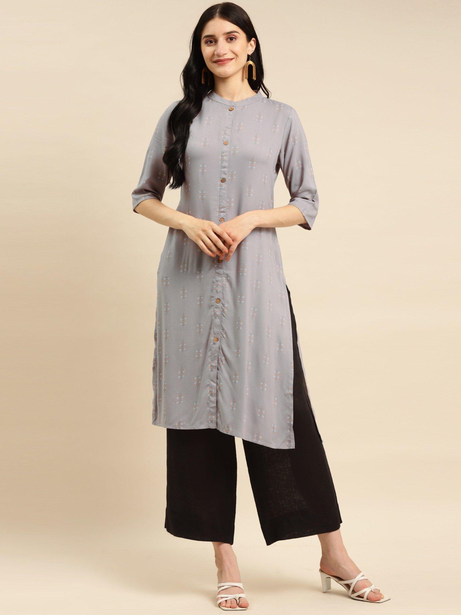 women rayon light grey printed calf length kurta with front button placket