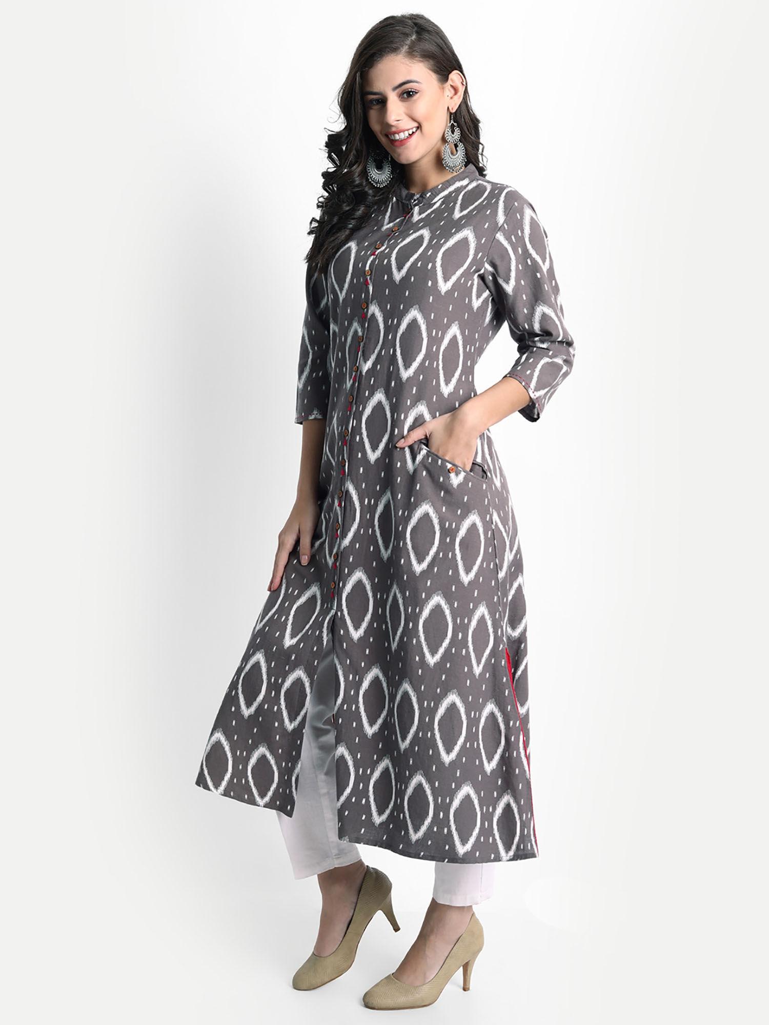 women rayon linen ikkat printed a line long kurta grey