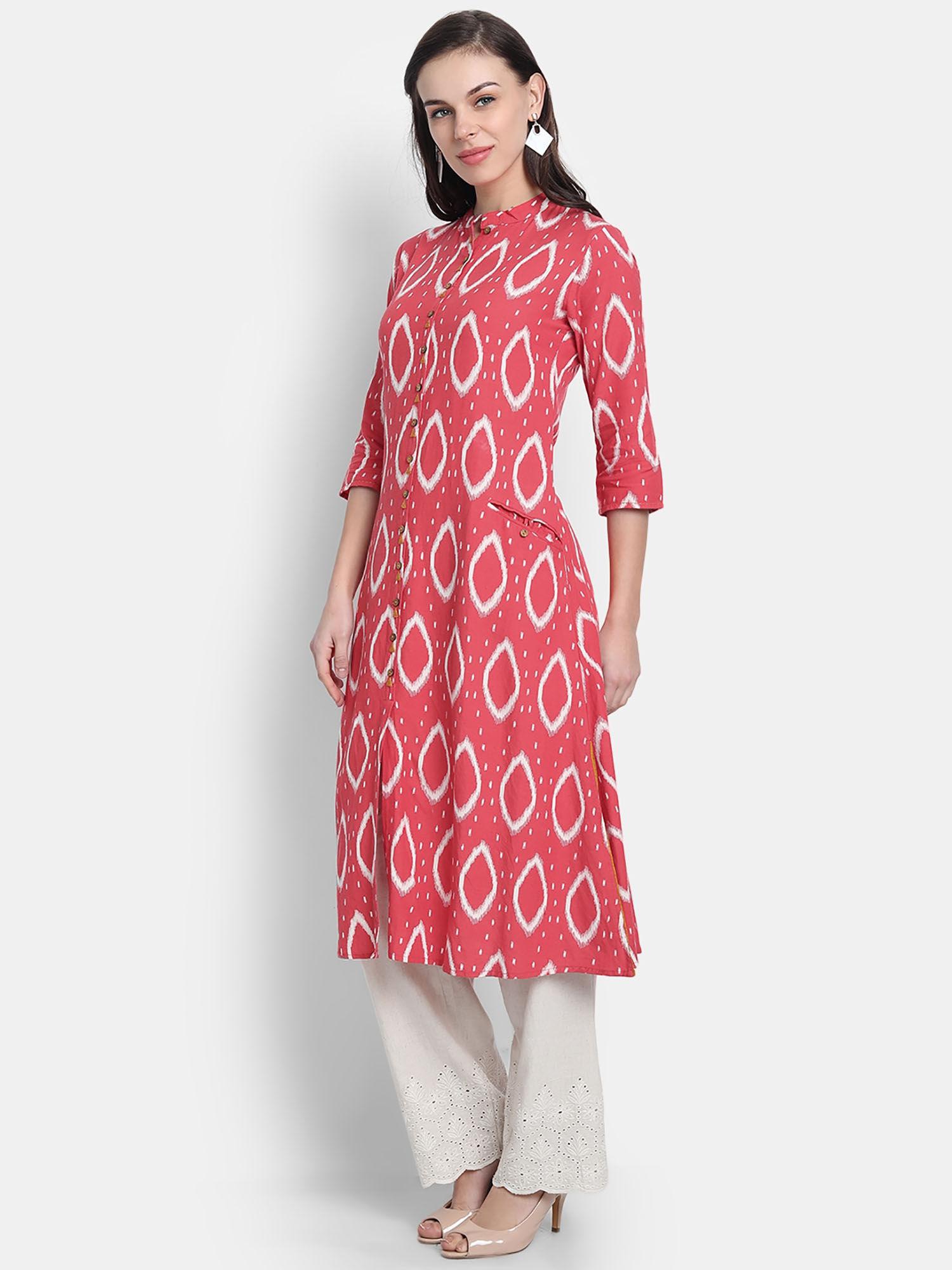 women rayon linen ikkat printed a line long kurta red