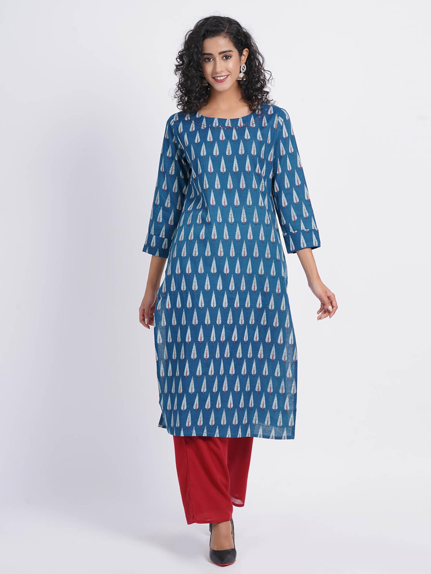 women rayon linen printed boat neck kurta blue