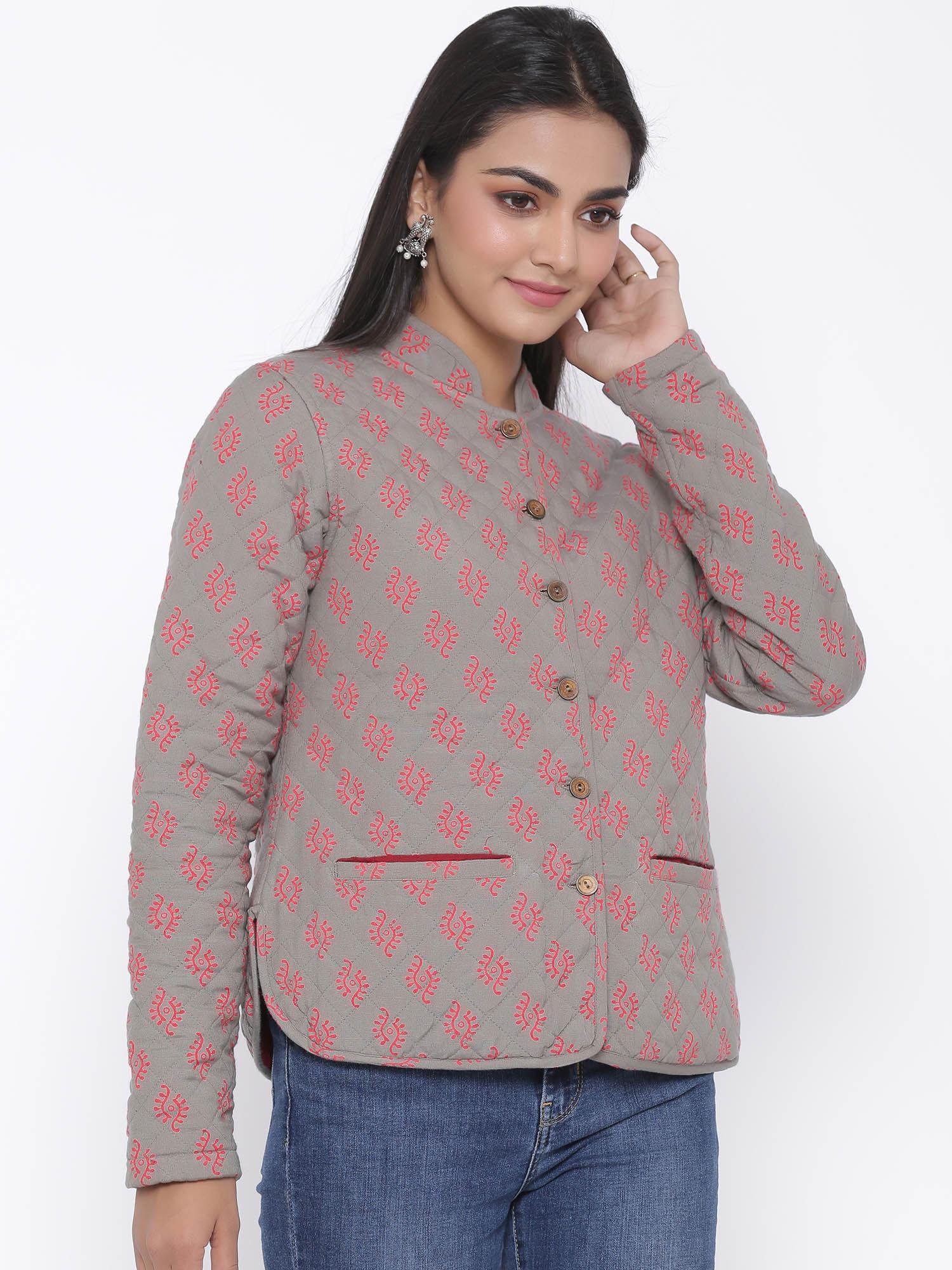 women rayon linen printed full sleeve jacket maroon