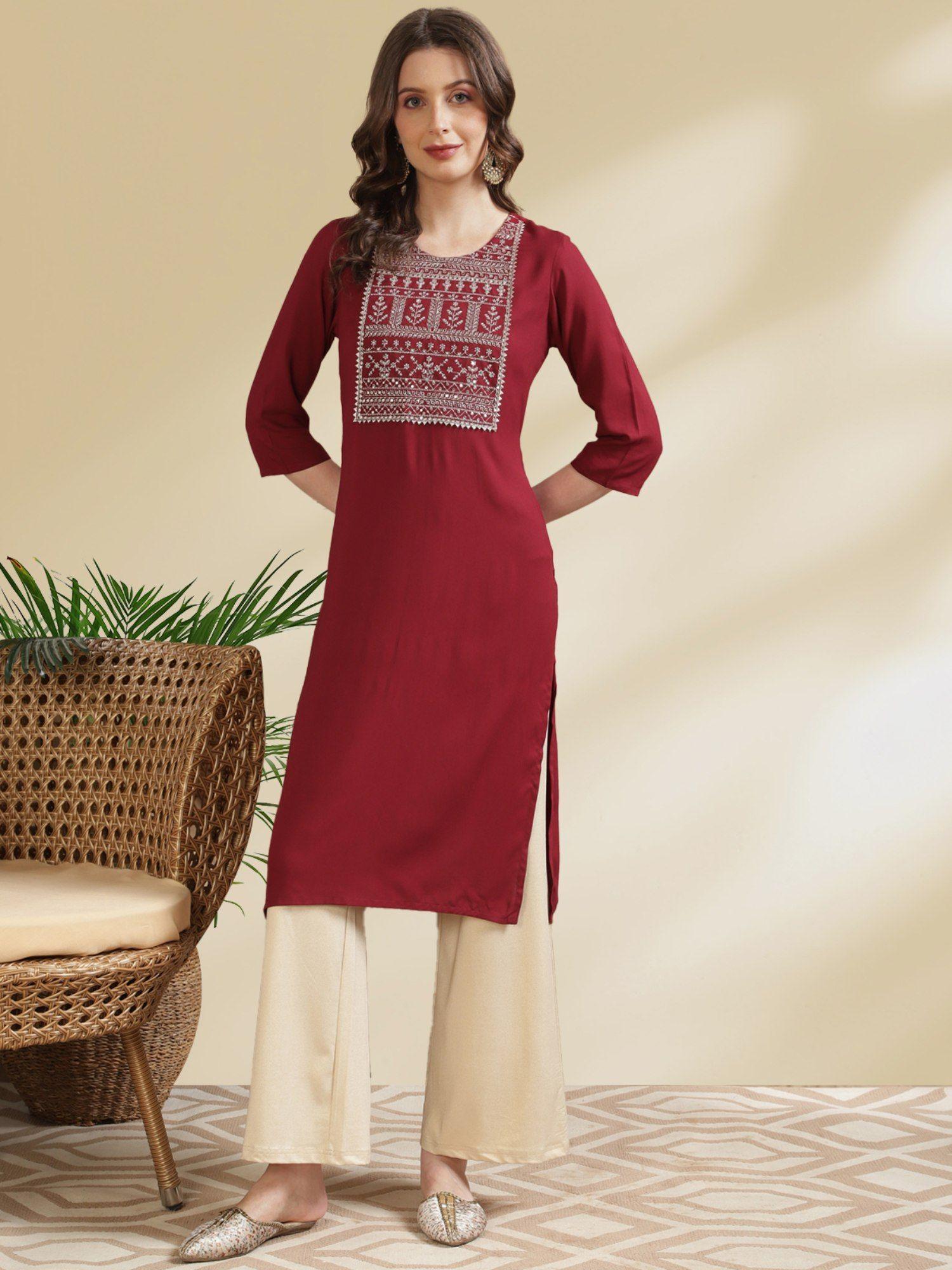 women rayon maroon embroidered calf length straight kurta