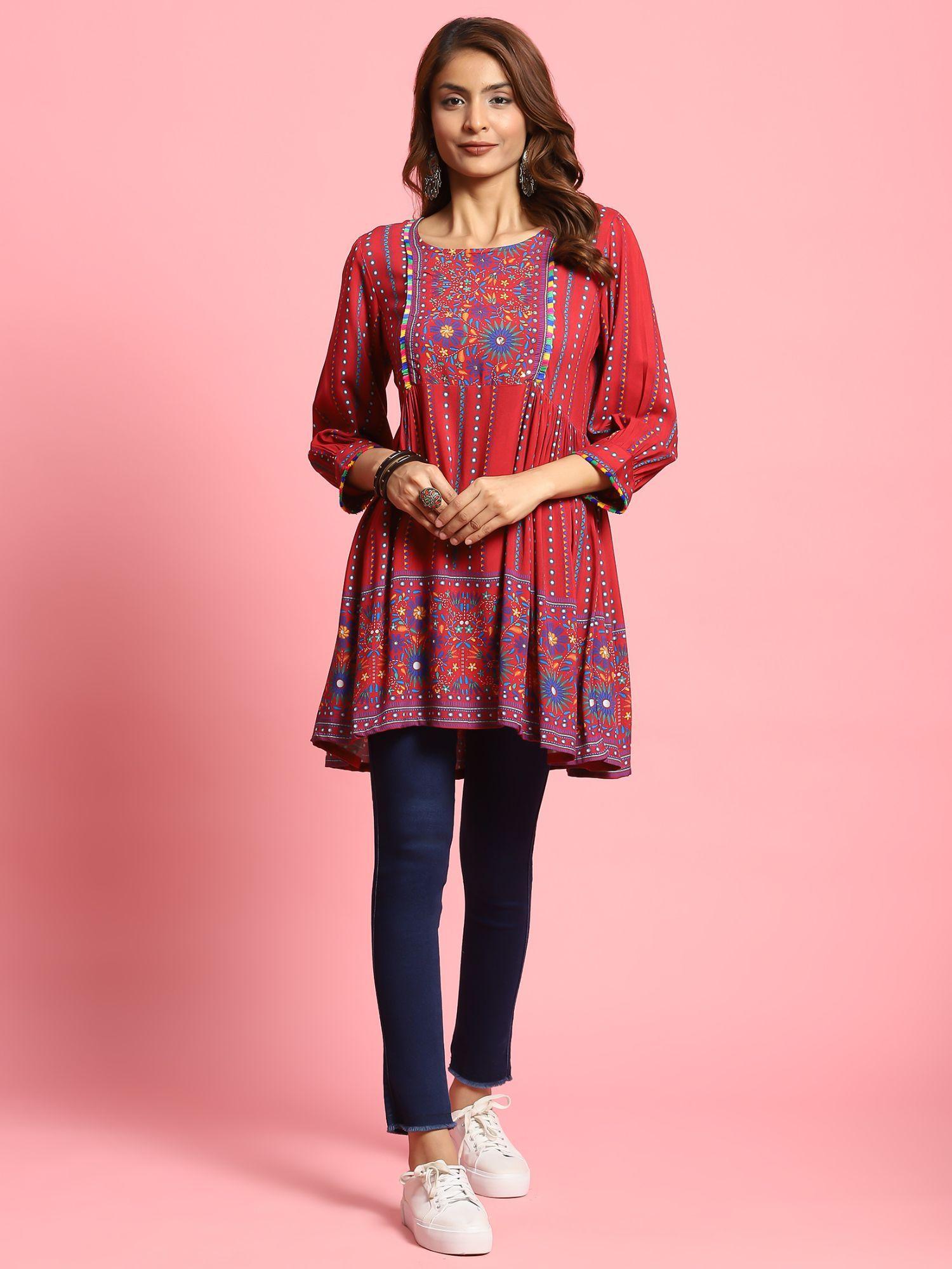 women rayon maroon floral print tunic