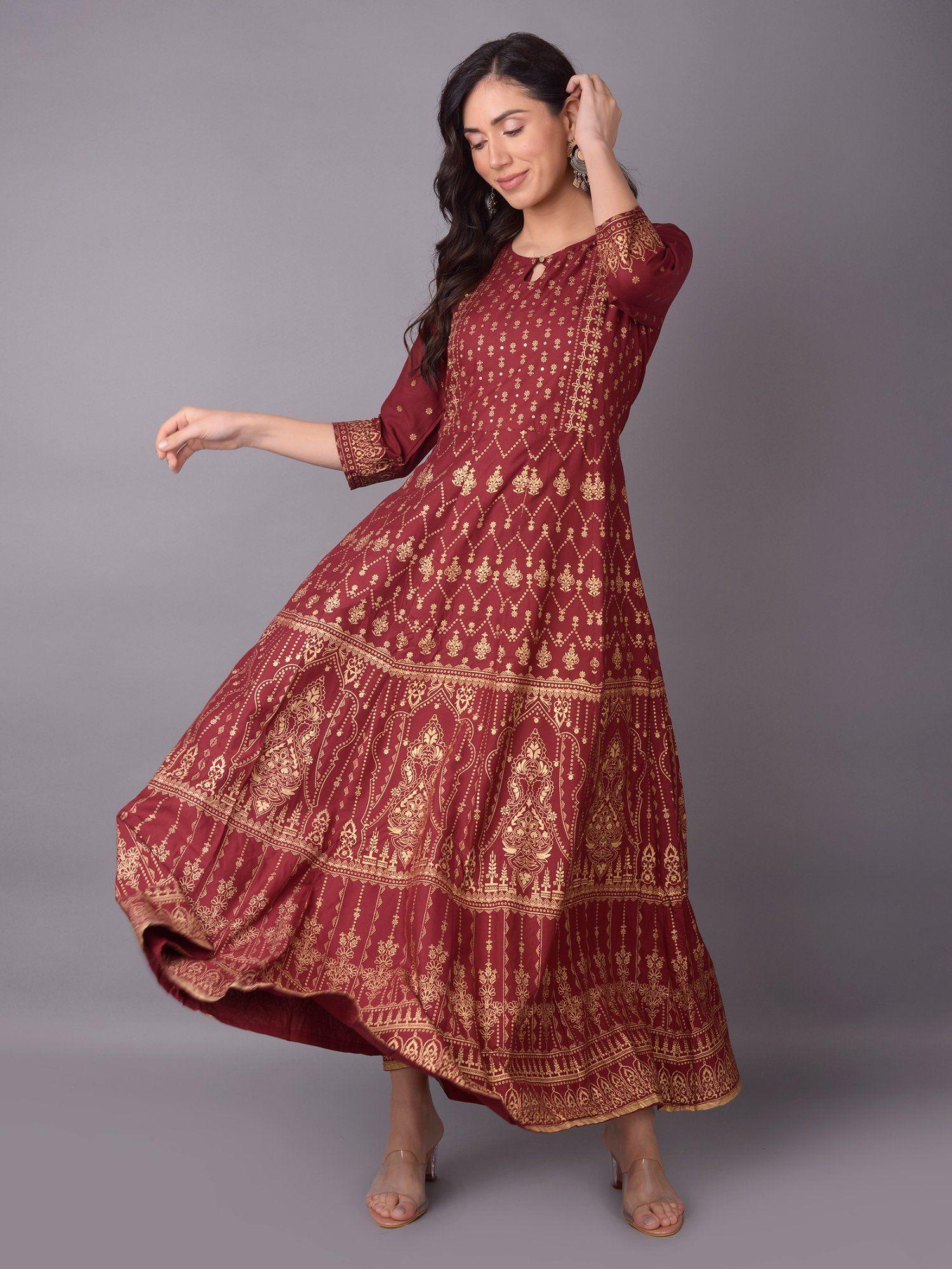 women rayon maroon ornamental printed dress