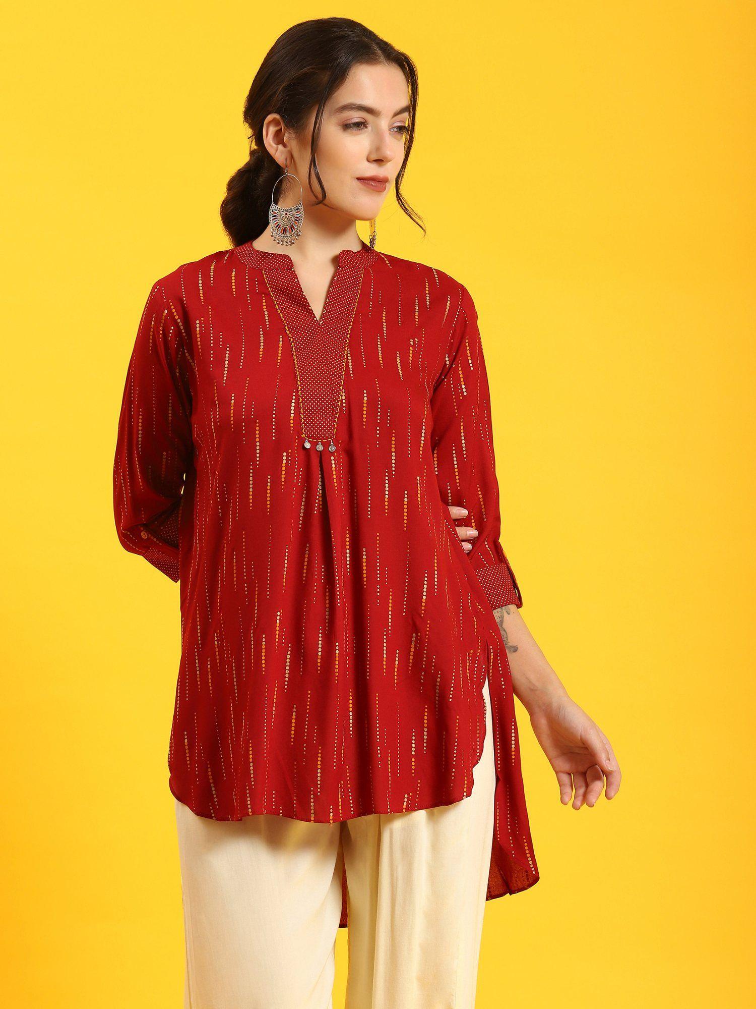 women rayon maroon printed tunic