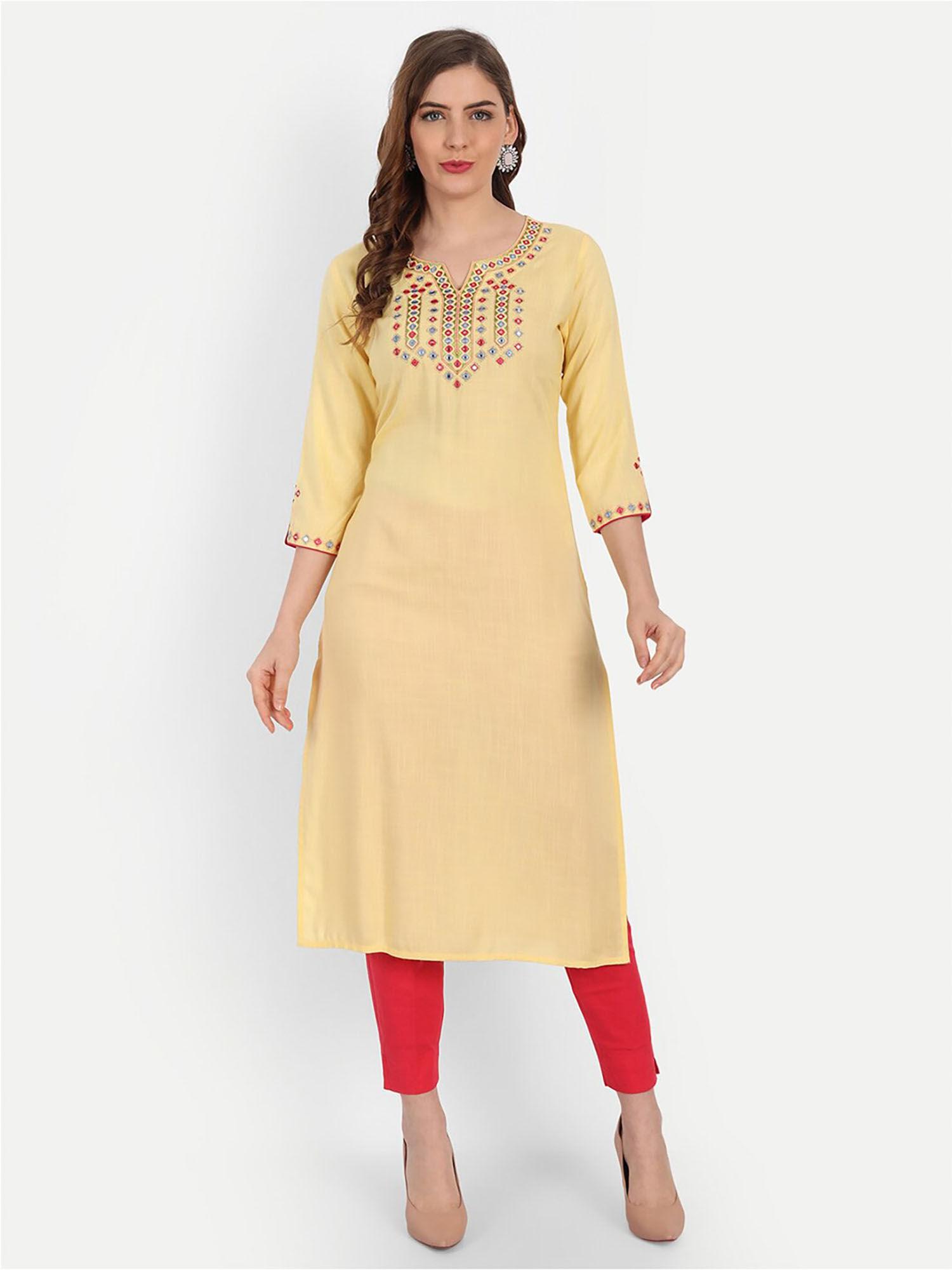 women rayon mirror embroidery work straight kurta - yellow