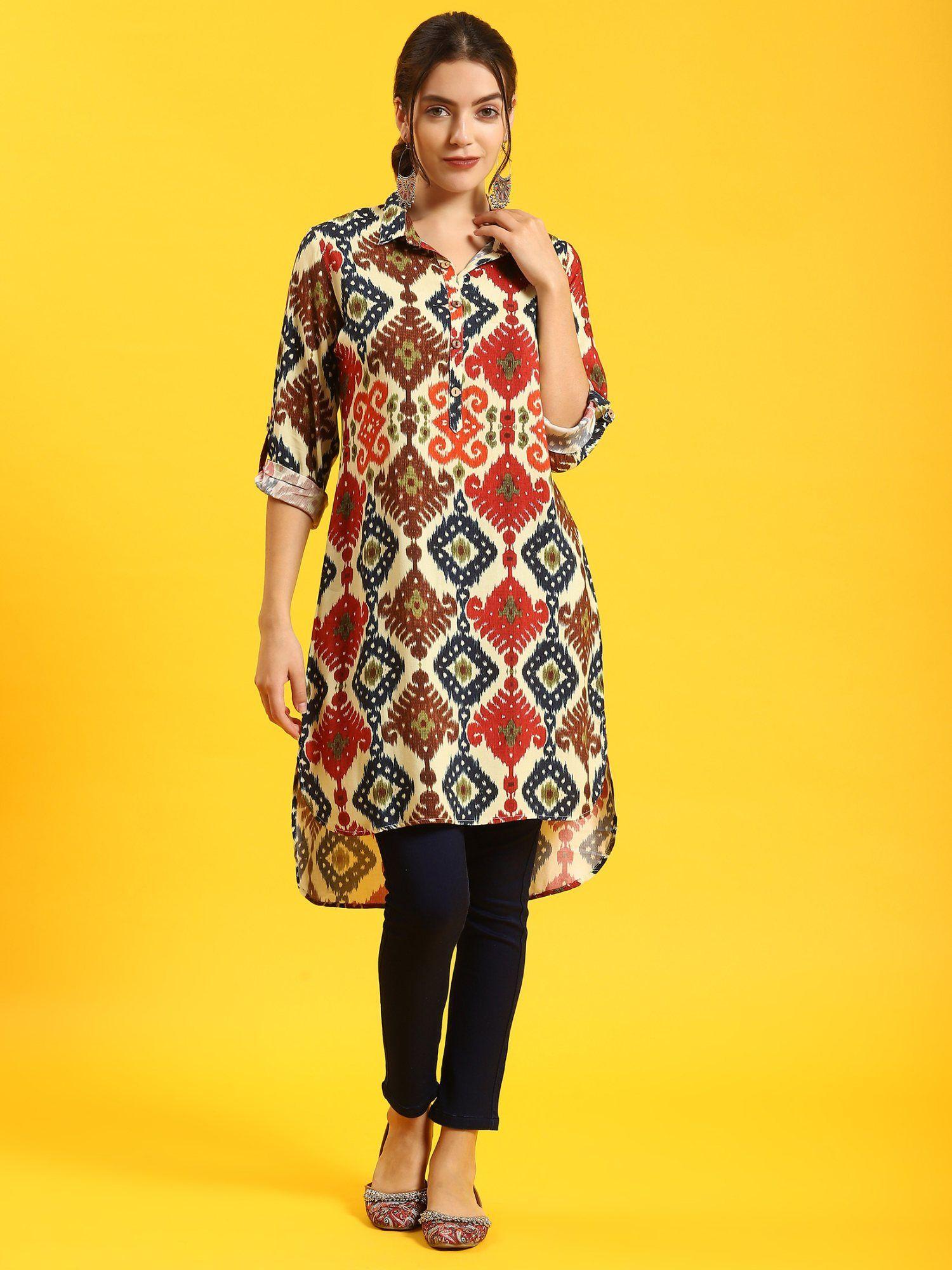 women rayon multicolor ikat print kurta