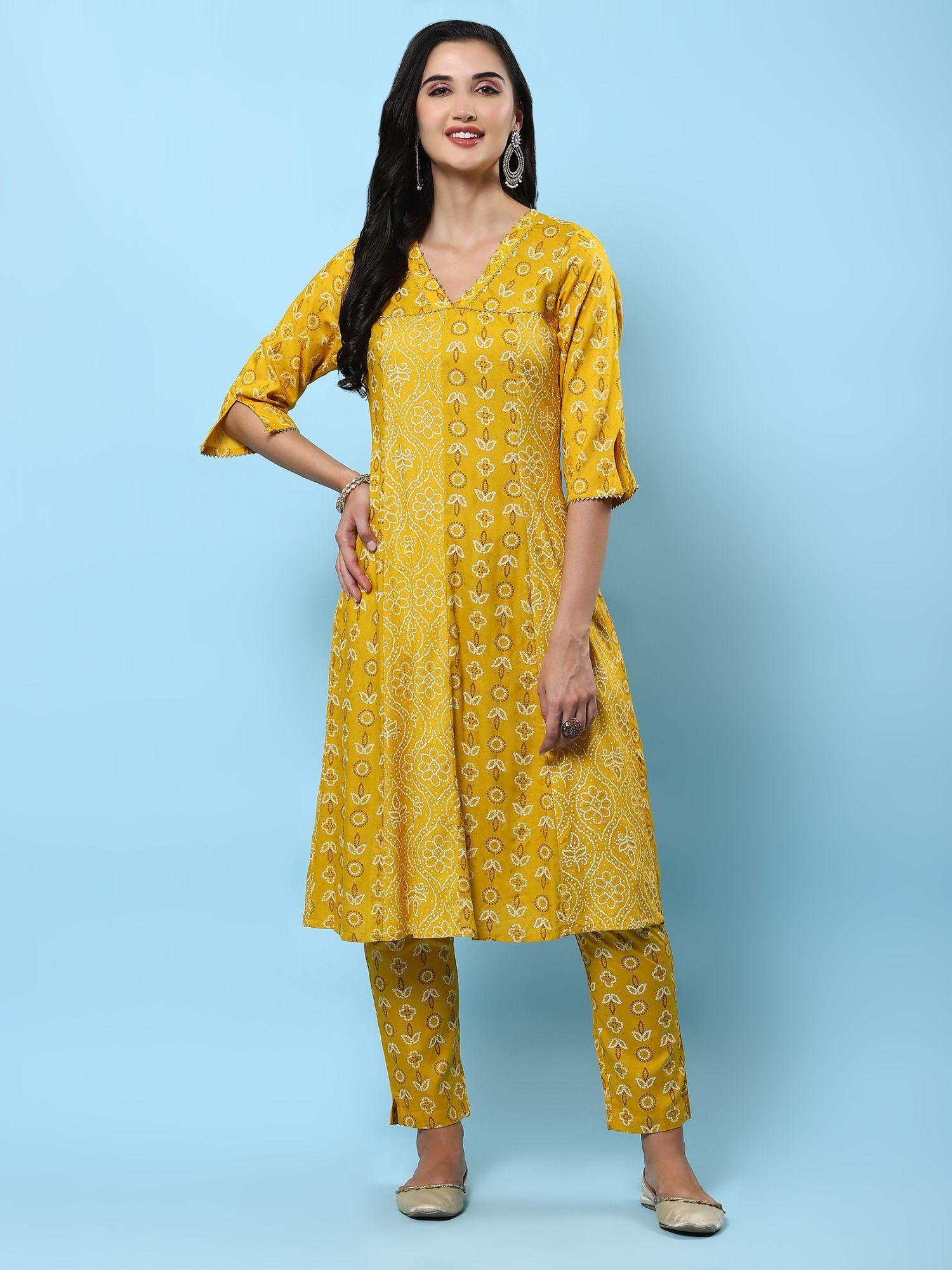 women rayon mustard ornamental print kurta with pant (set of 2)