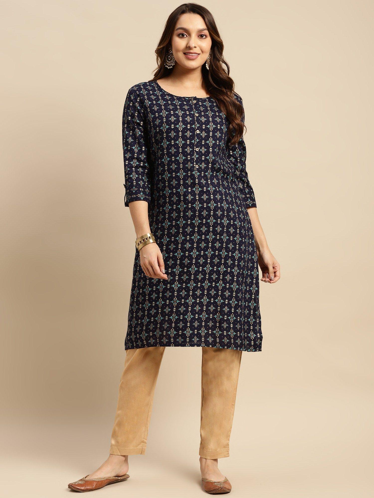 women rayon navy blue printed calf length straight kurta