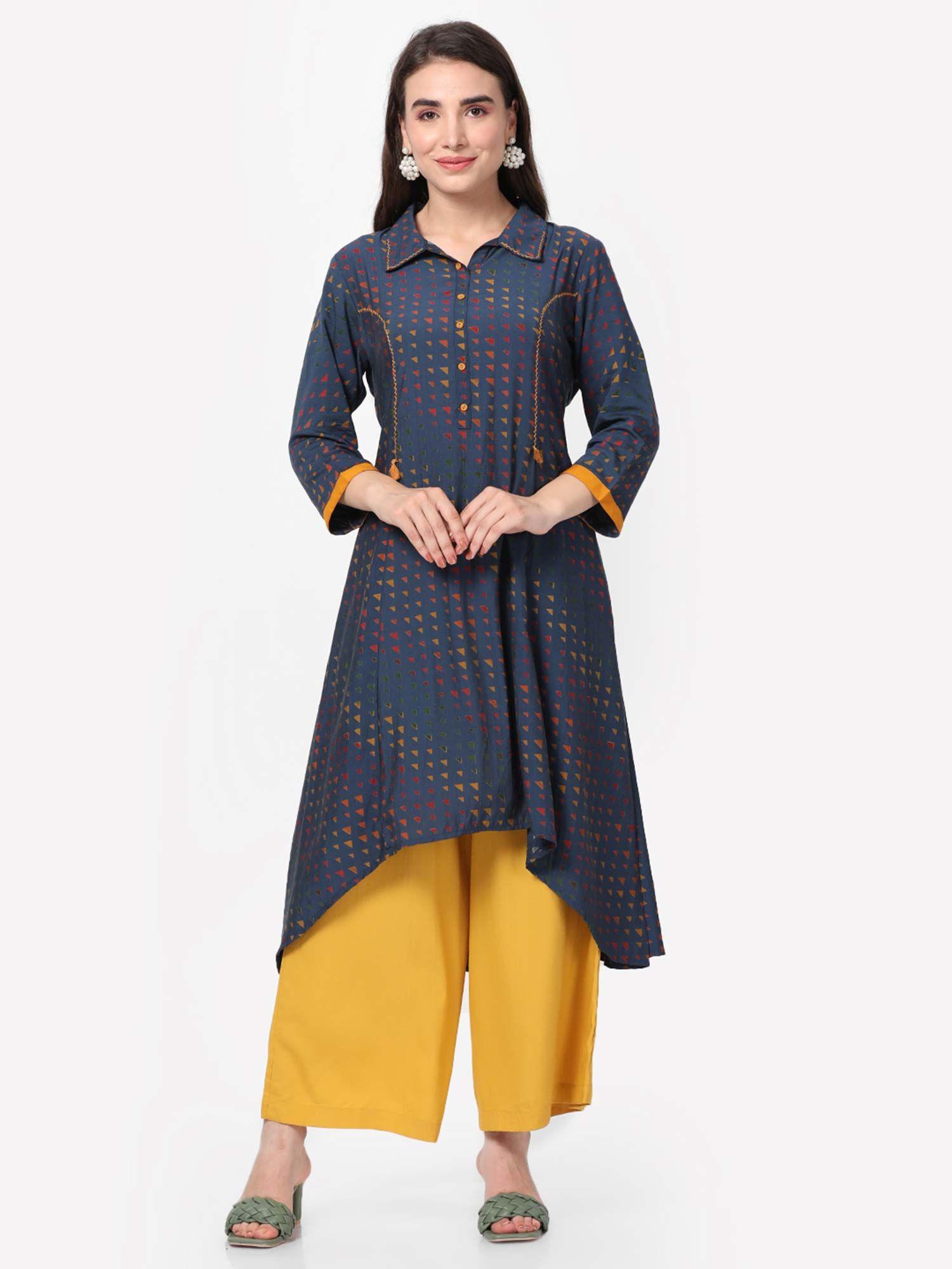 women rayon navy blue printed kurta