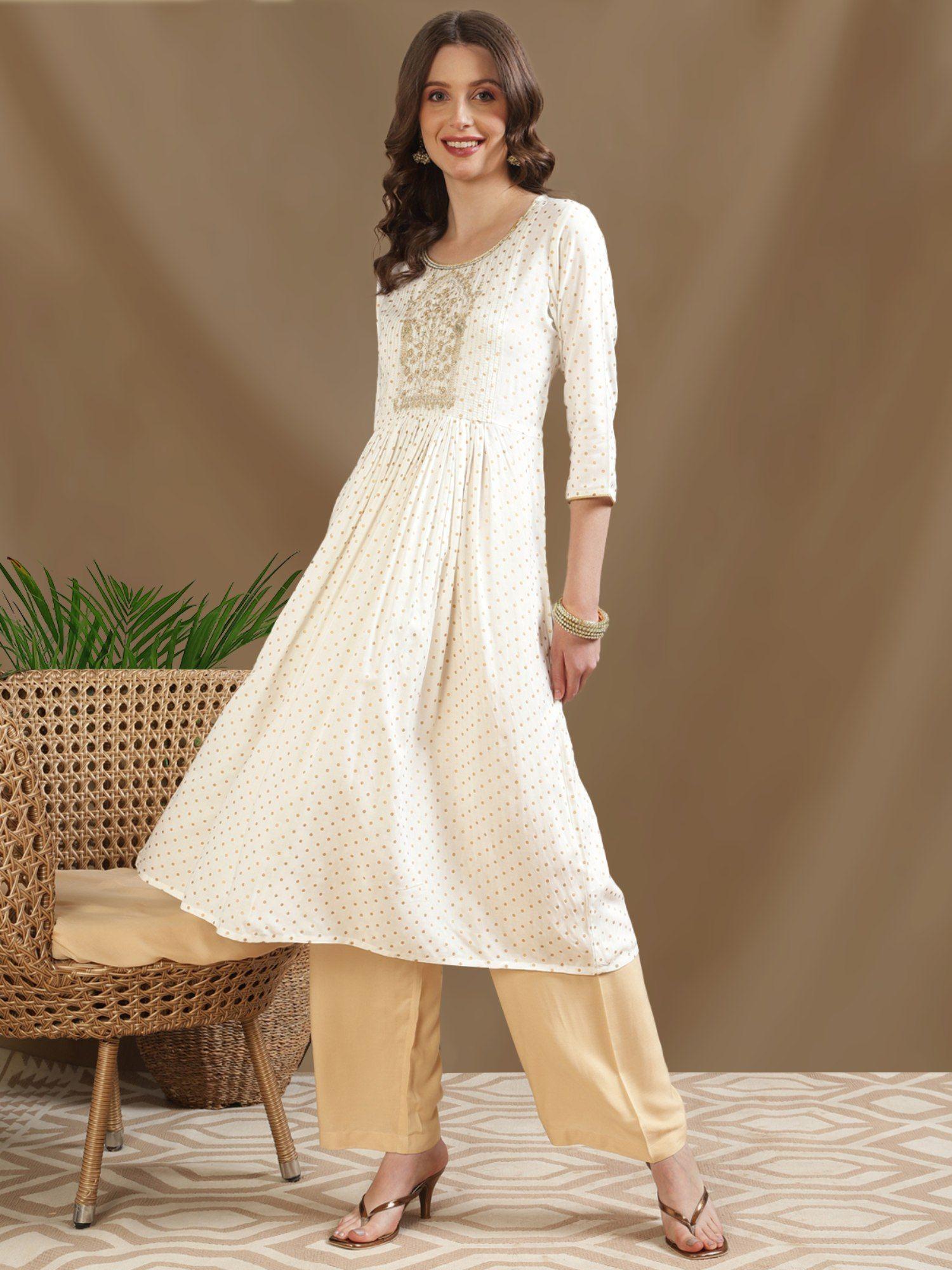 women rayon off white embroidered calf length anarkali kurta