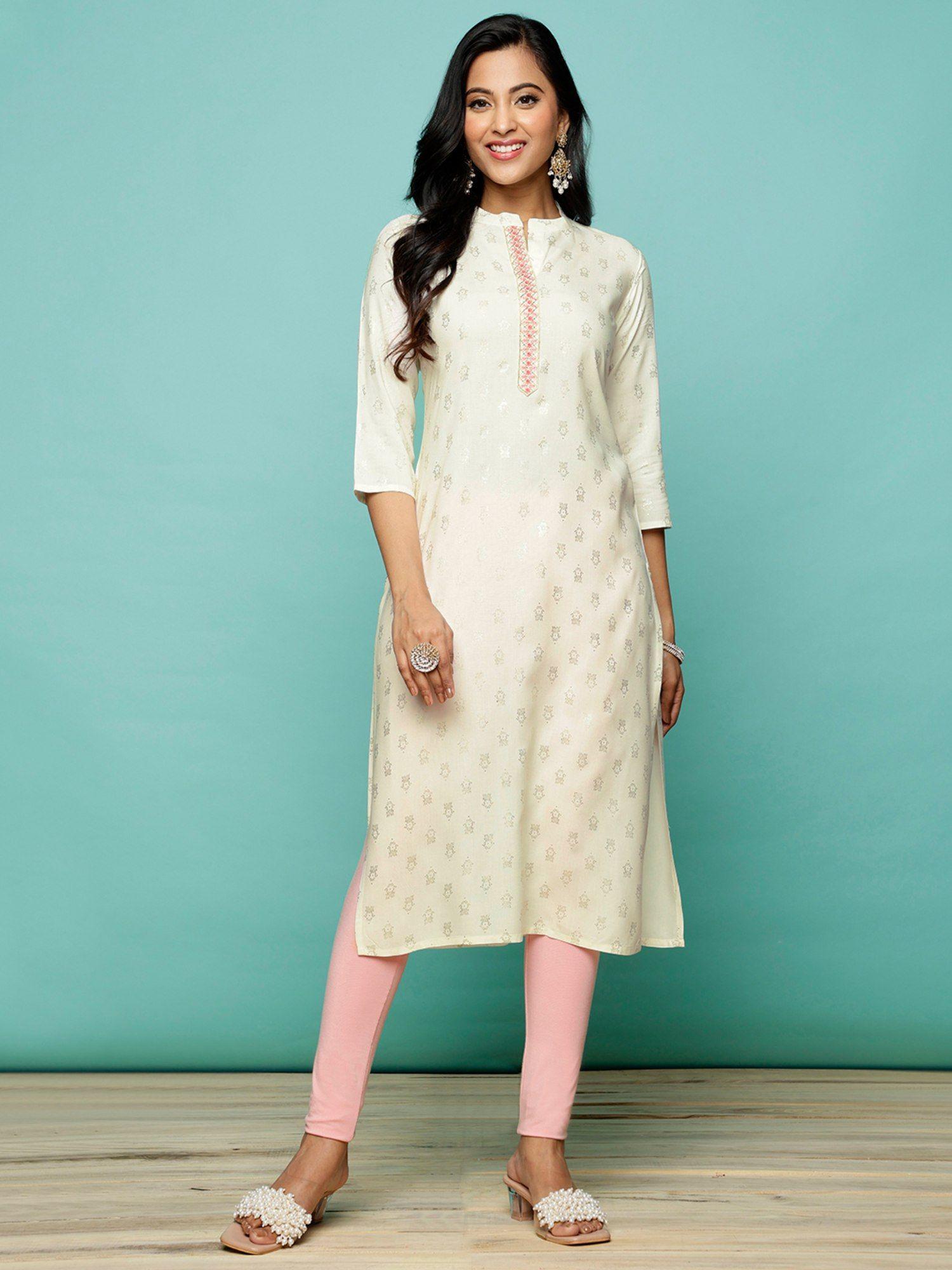 women rayon off white embroidered calf length straight kurta