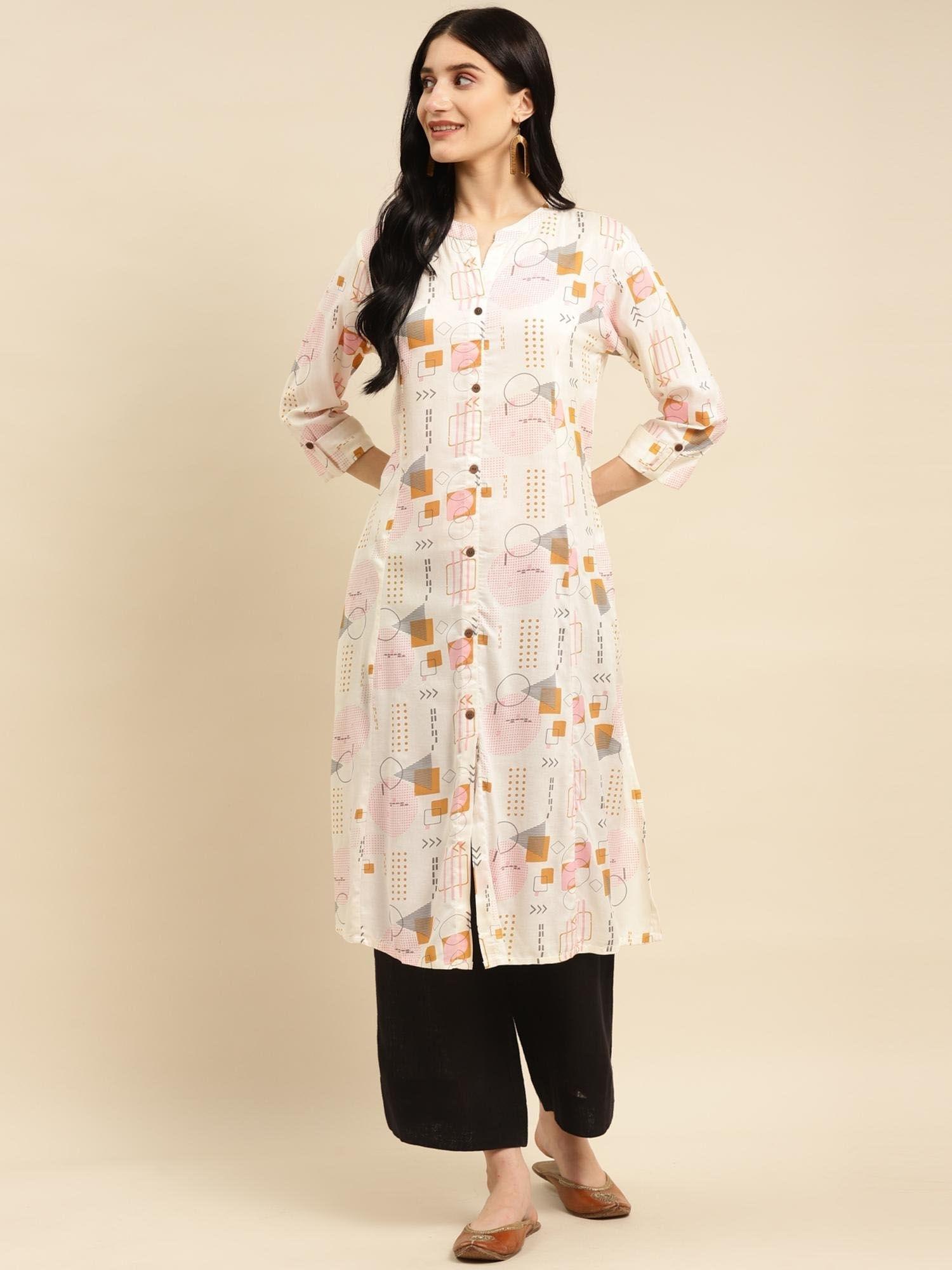 women rayon off white printed calf length a line kurta with front button placket