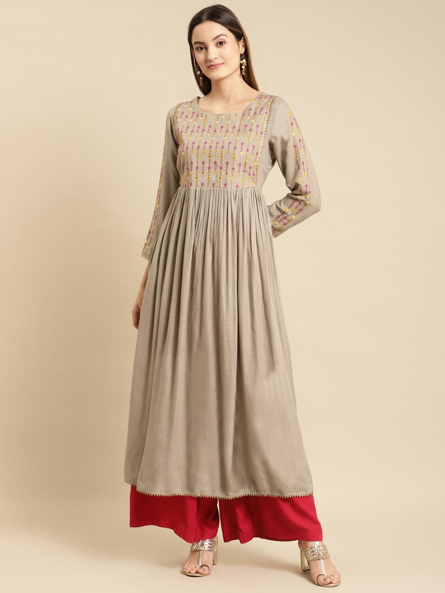 women rayon olive yoke embroidered calf length kurta gathered at waist