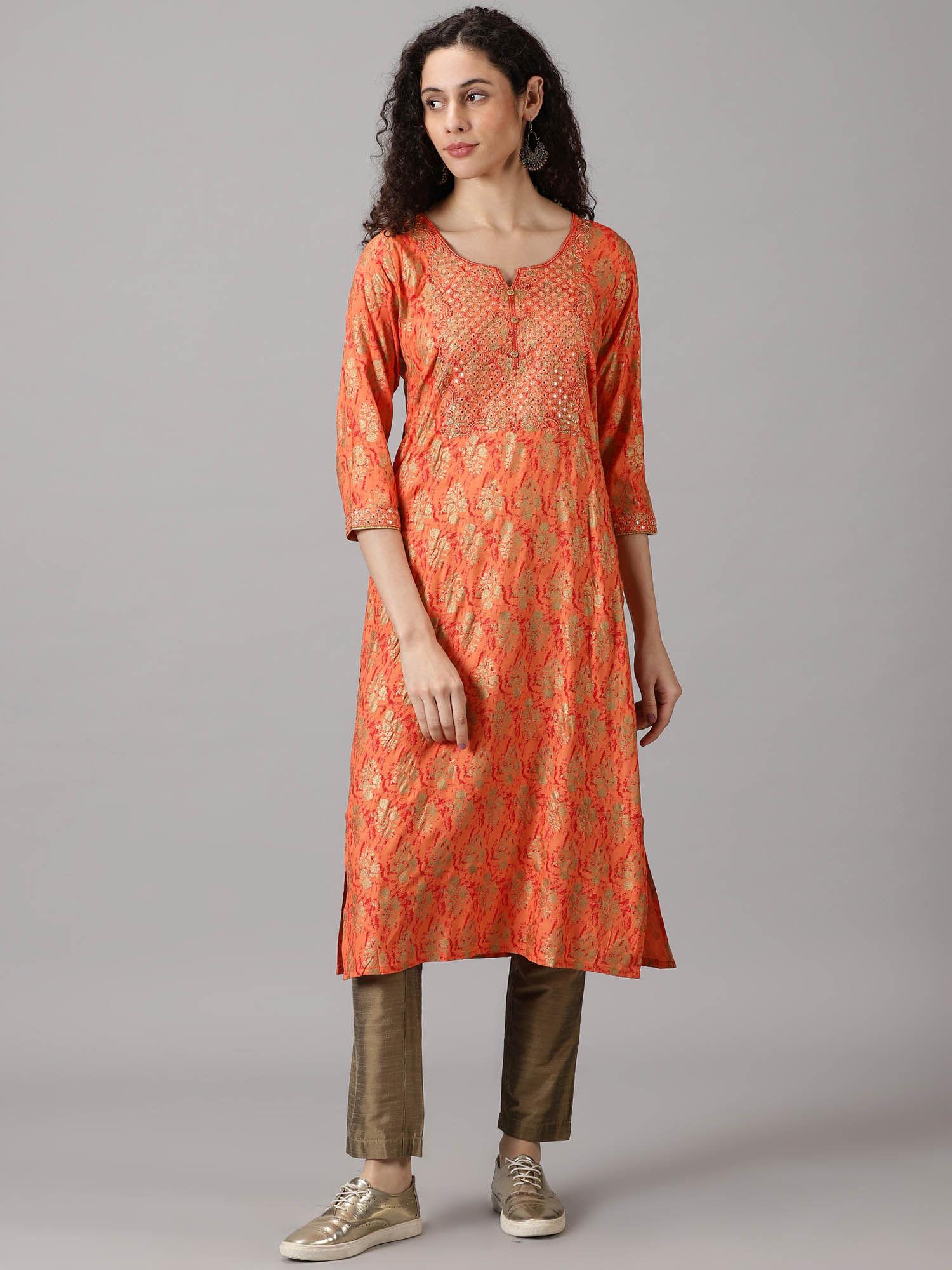 women rayon orange & gold printed embroidered straight kurta magenta