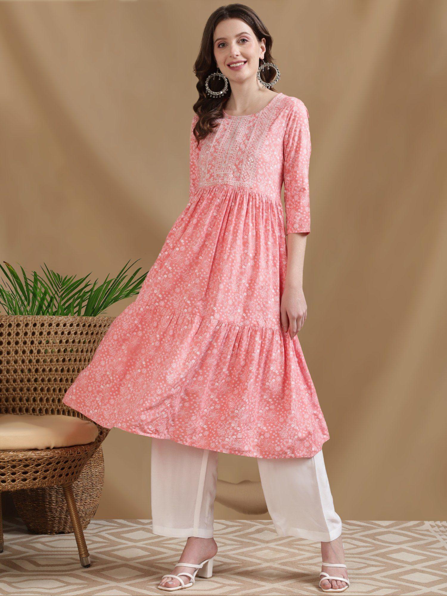 women rayon peach embroidered calf length tiered flared kurta