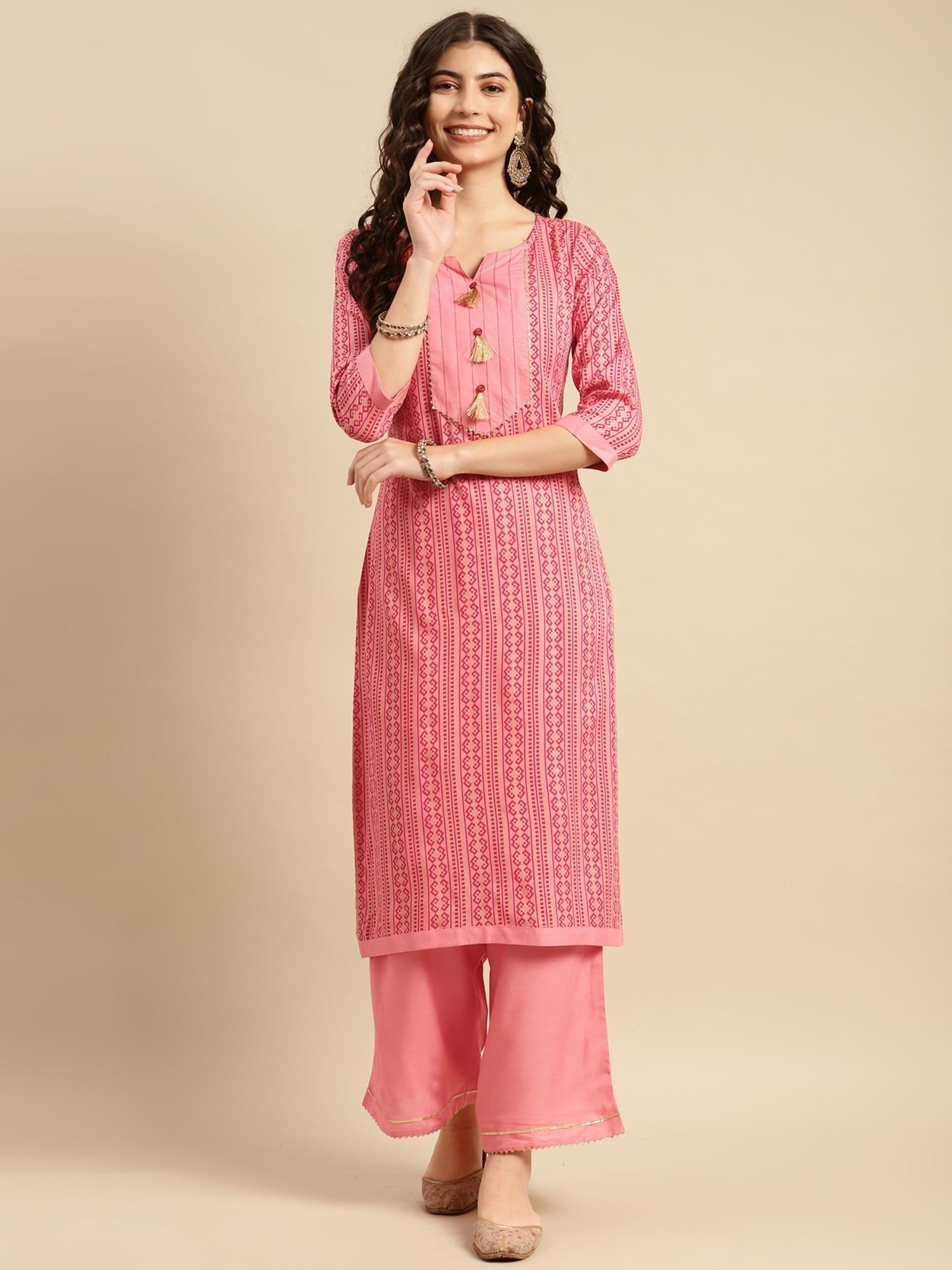 women rayon peach ethnic motif straight kurta with palazzo (set of 2)