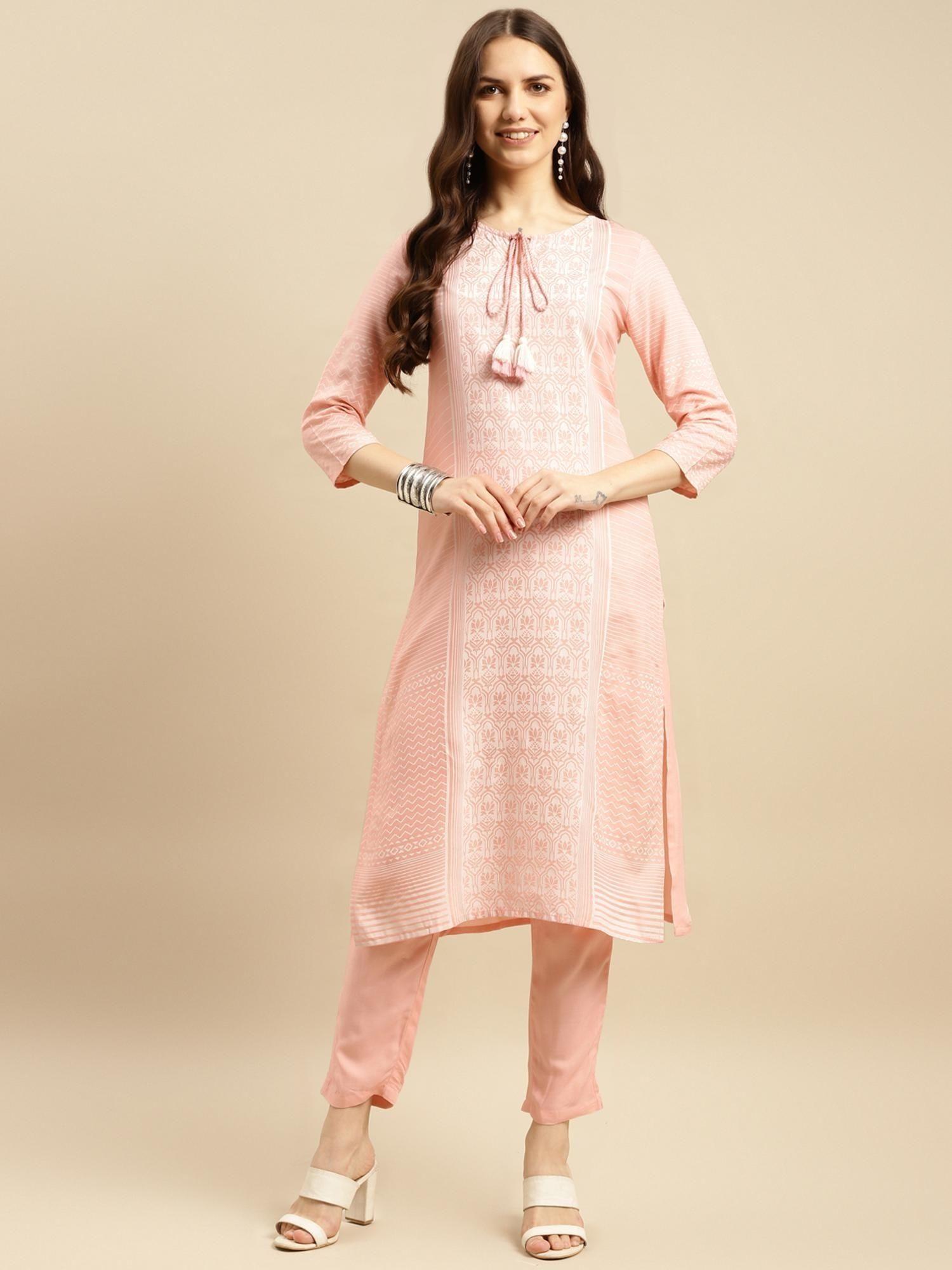 women rayon peach ethnic placement printed kurta with pant (set of 2)