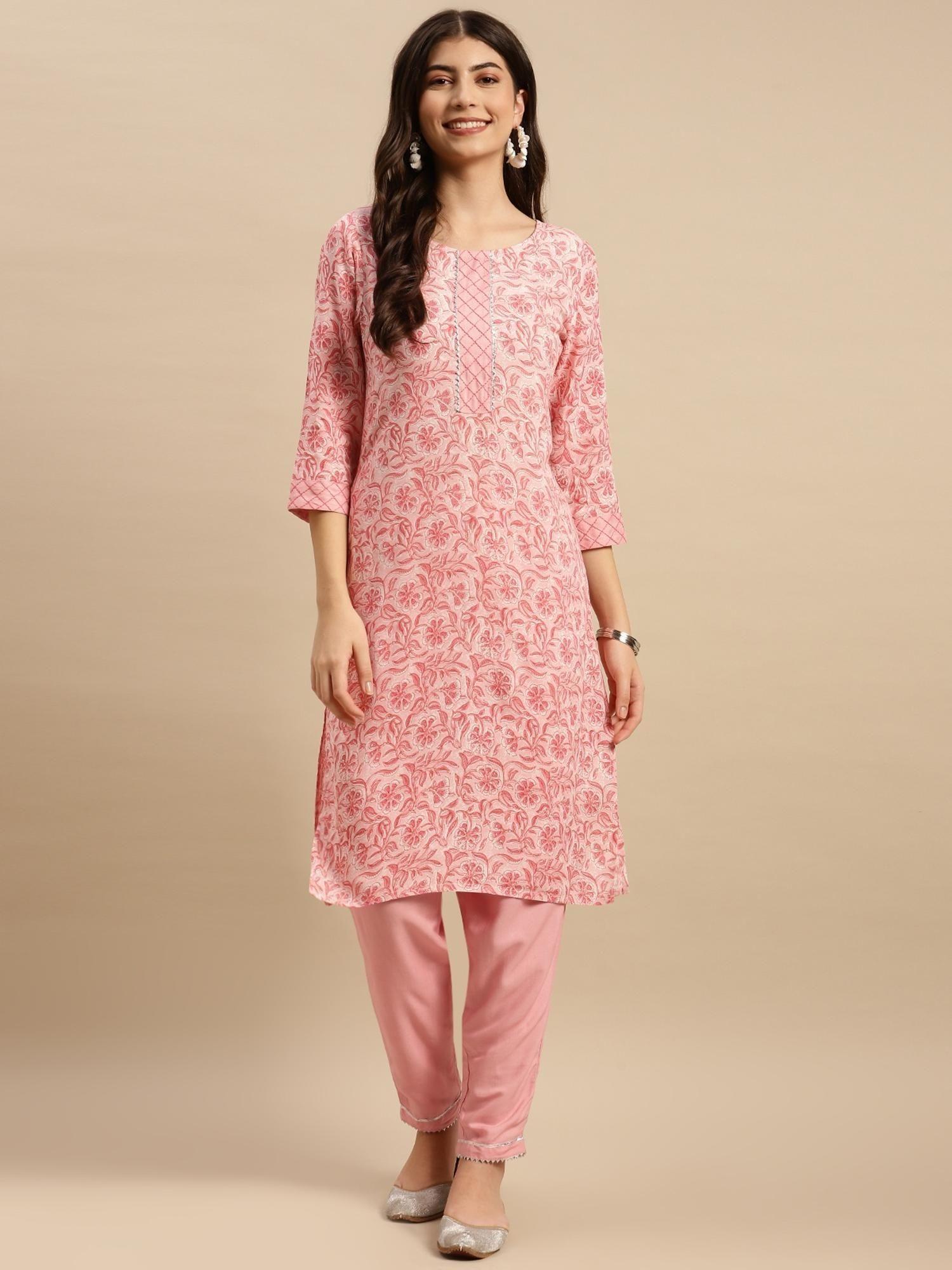 women rayon peach floral printed knee length straight kurta with pant (set of 2)