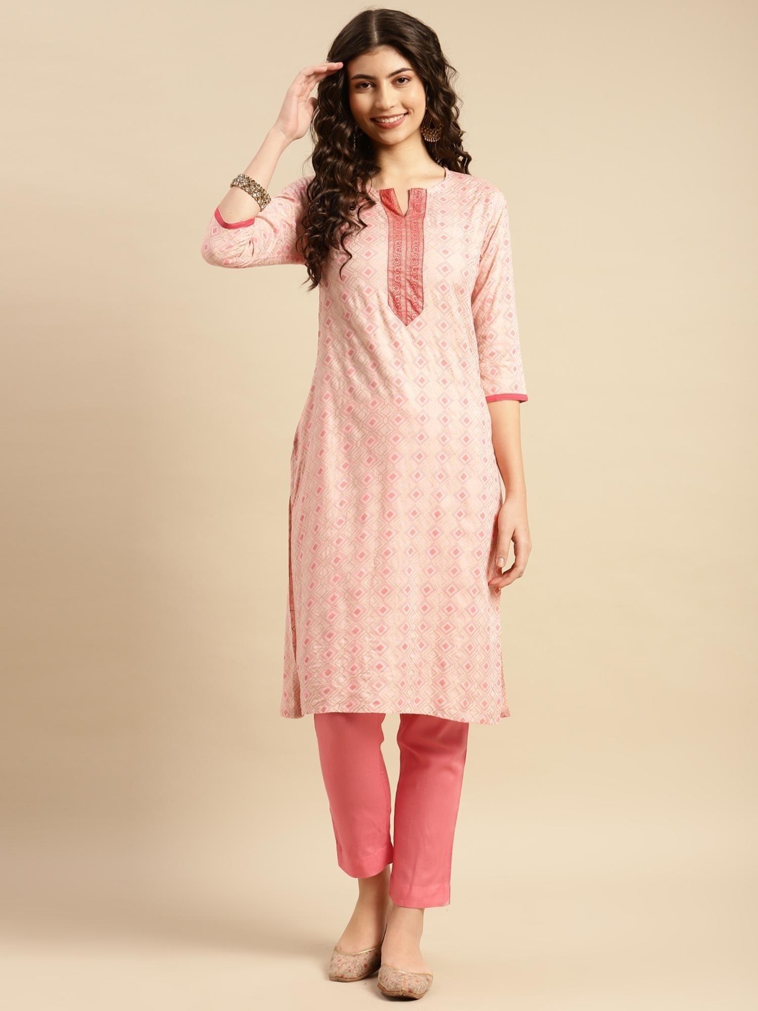 women rayon peach geometric printed straight kurta with pant (set of 2)