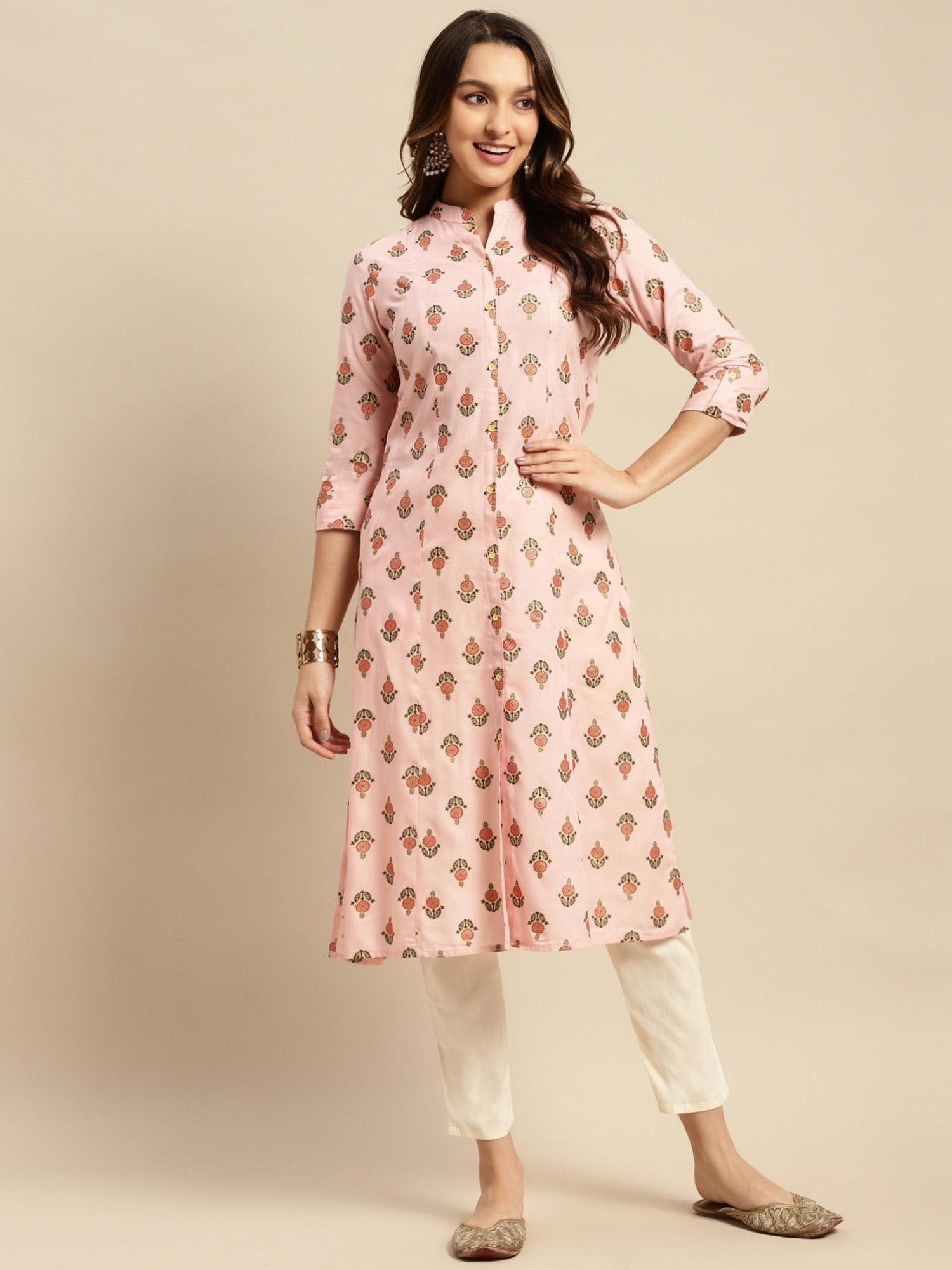 women rayon peach printed calf length a line kurta with front button placket