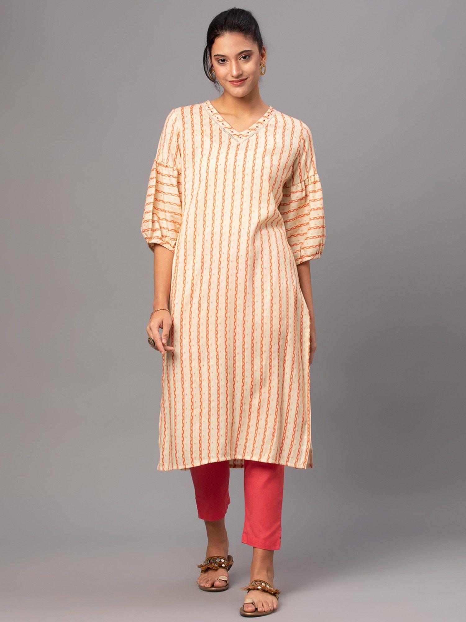 women rayon peach stripes kurta