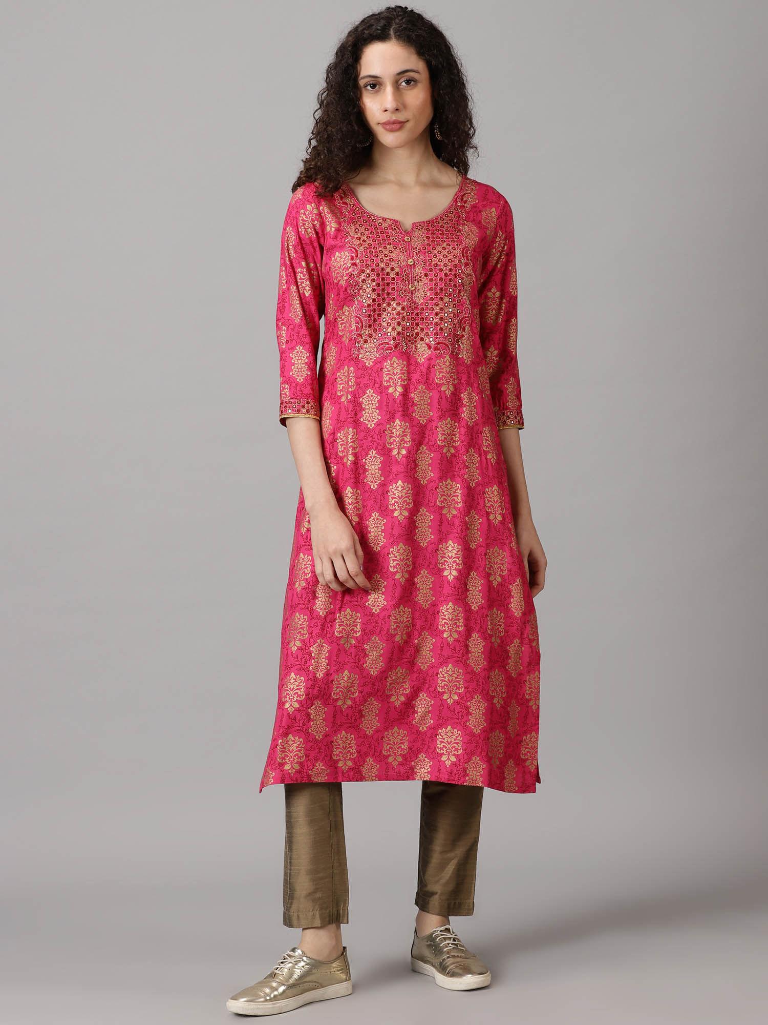 women rayon pink & gold printed embroidered straight kurta