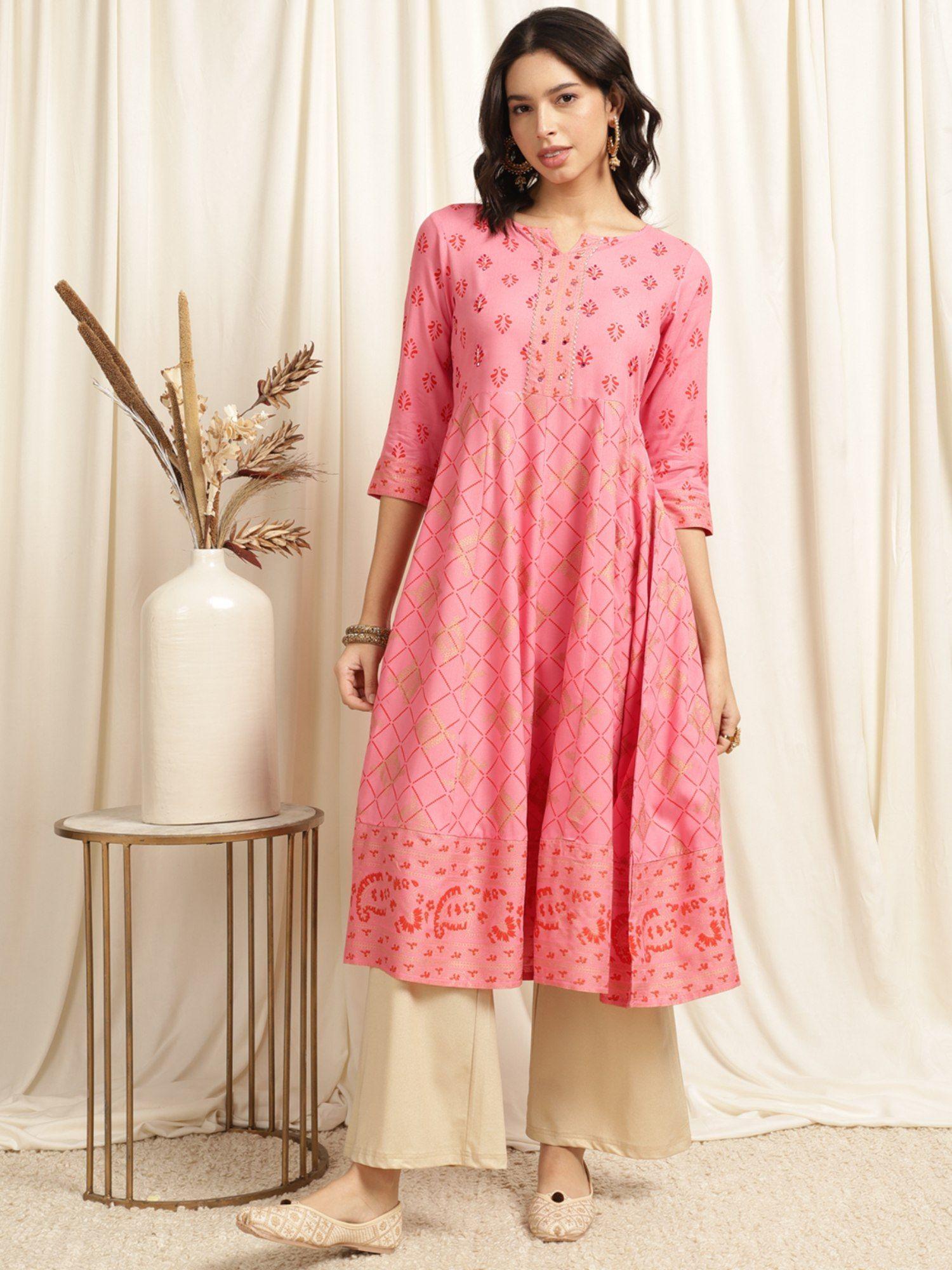 women rayon pink embellished calf length anarkali kurta