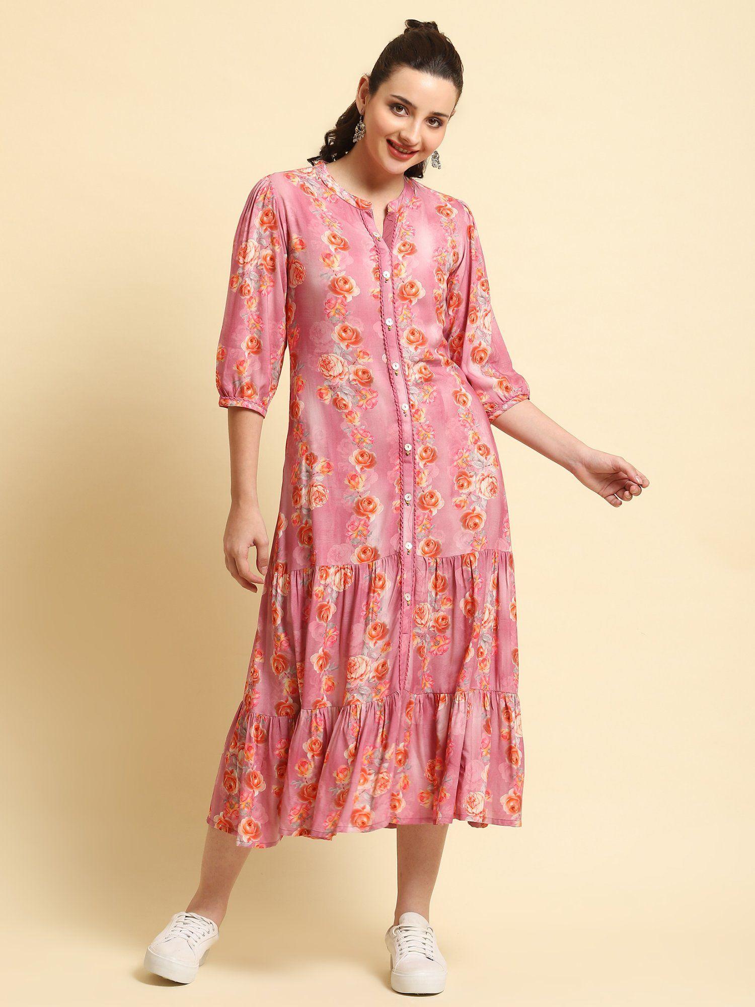 women rayon pink floral printed dress