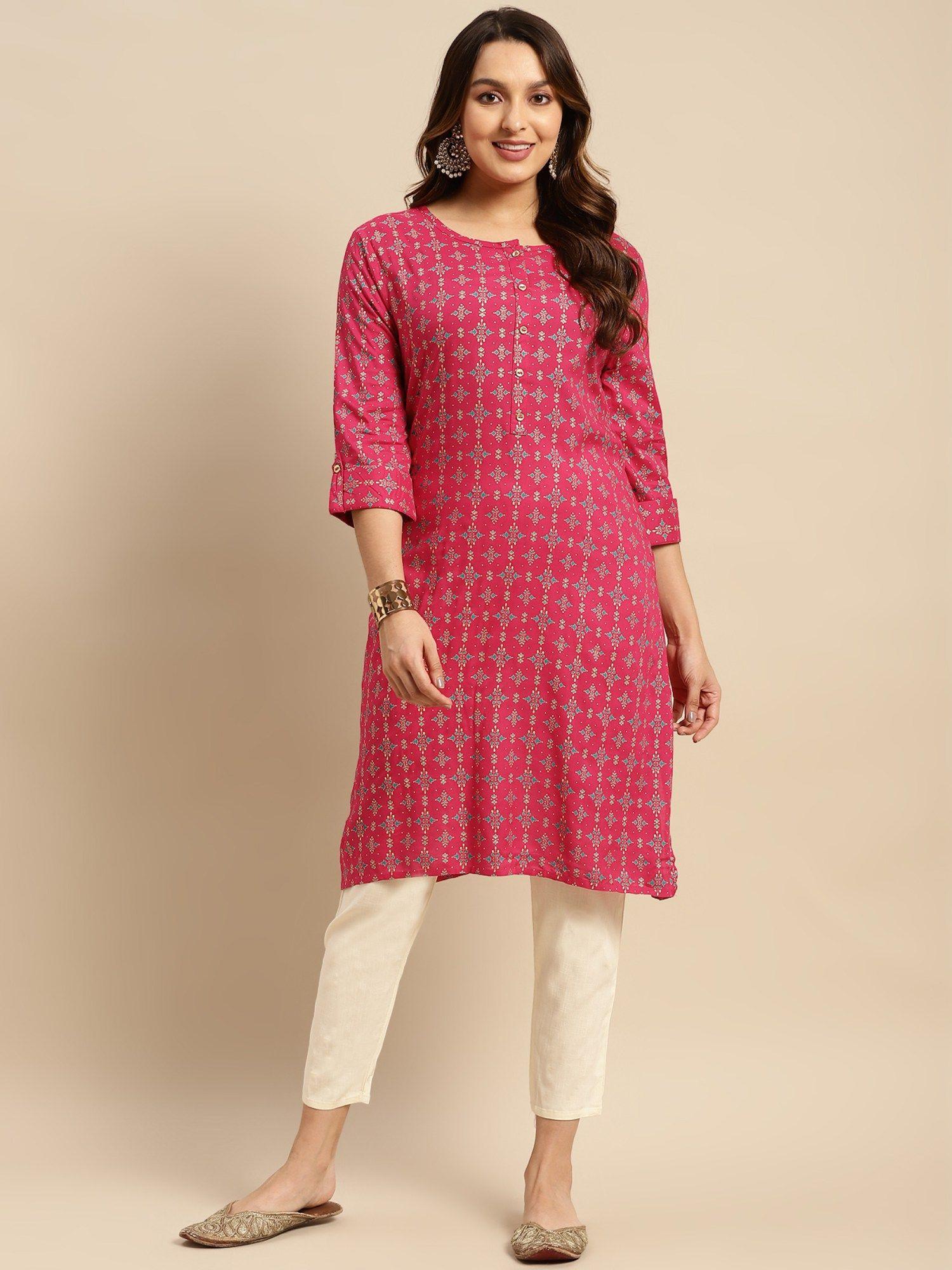 women rayon pink printed calf length straight kurta