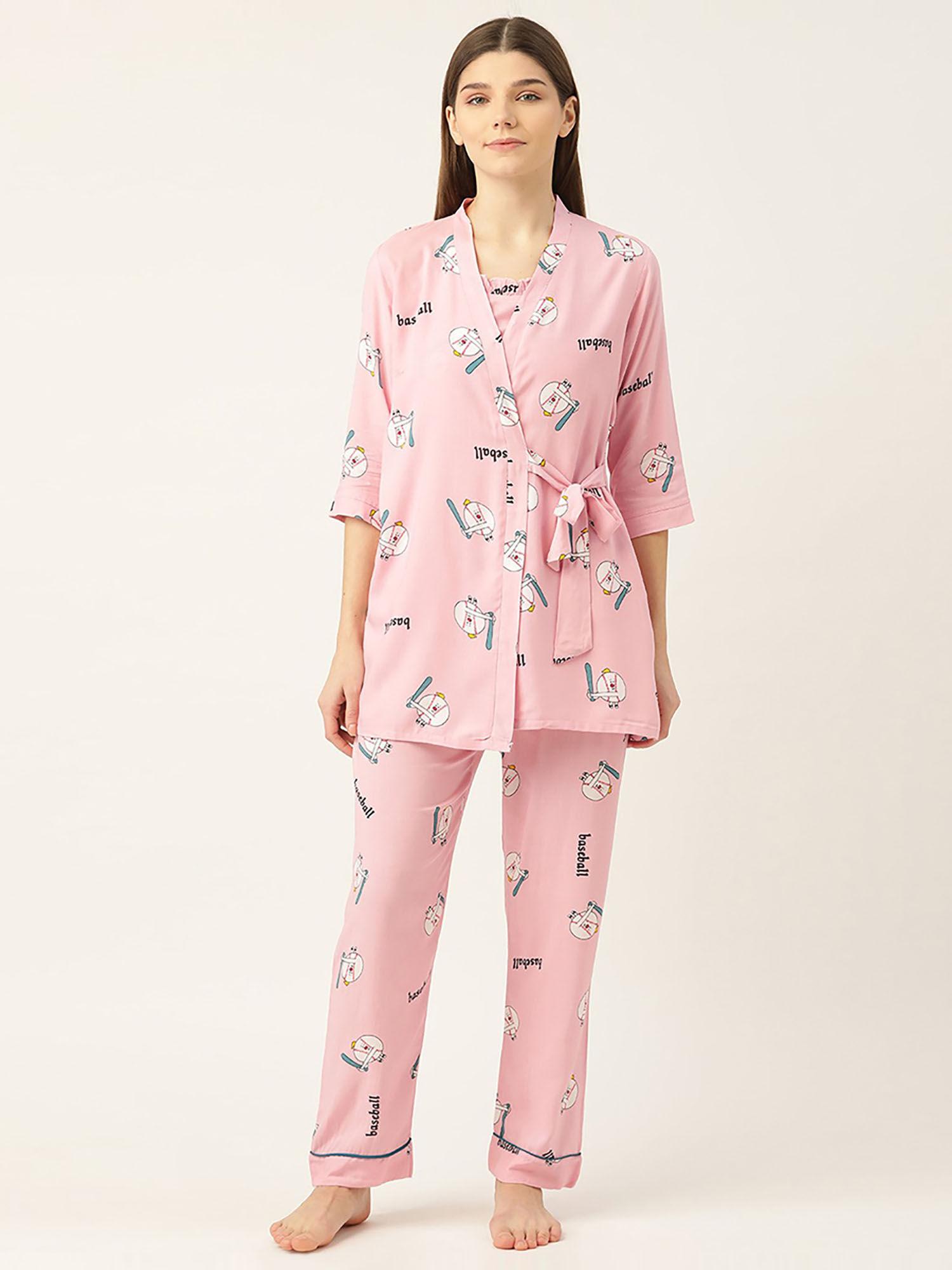 women rayon printed 3 pcs nightsuit - pink (set of 3)