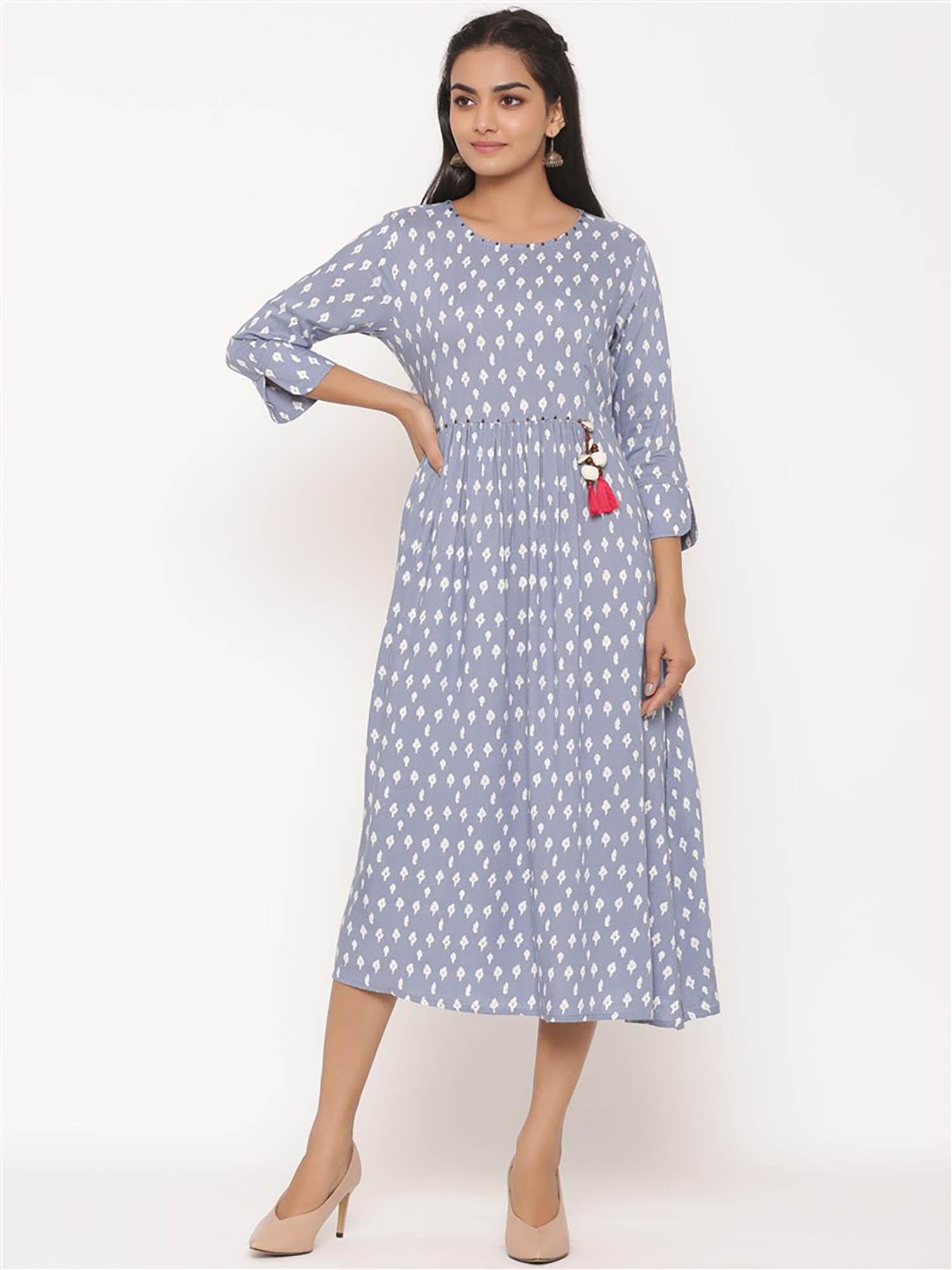 women rayon printed ankle length dress washed denim