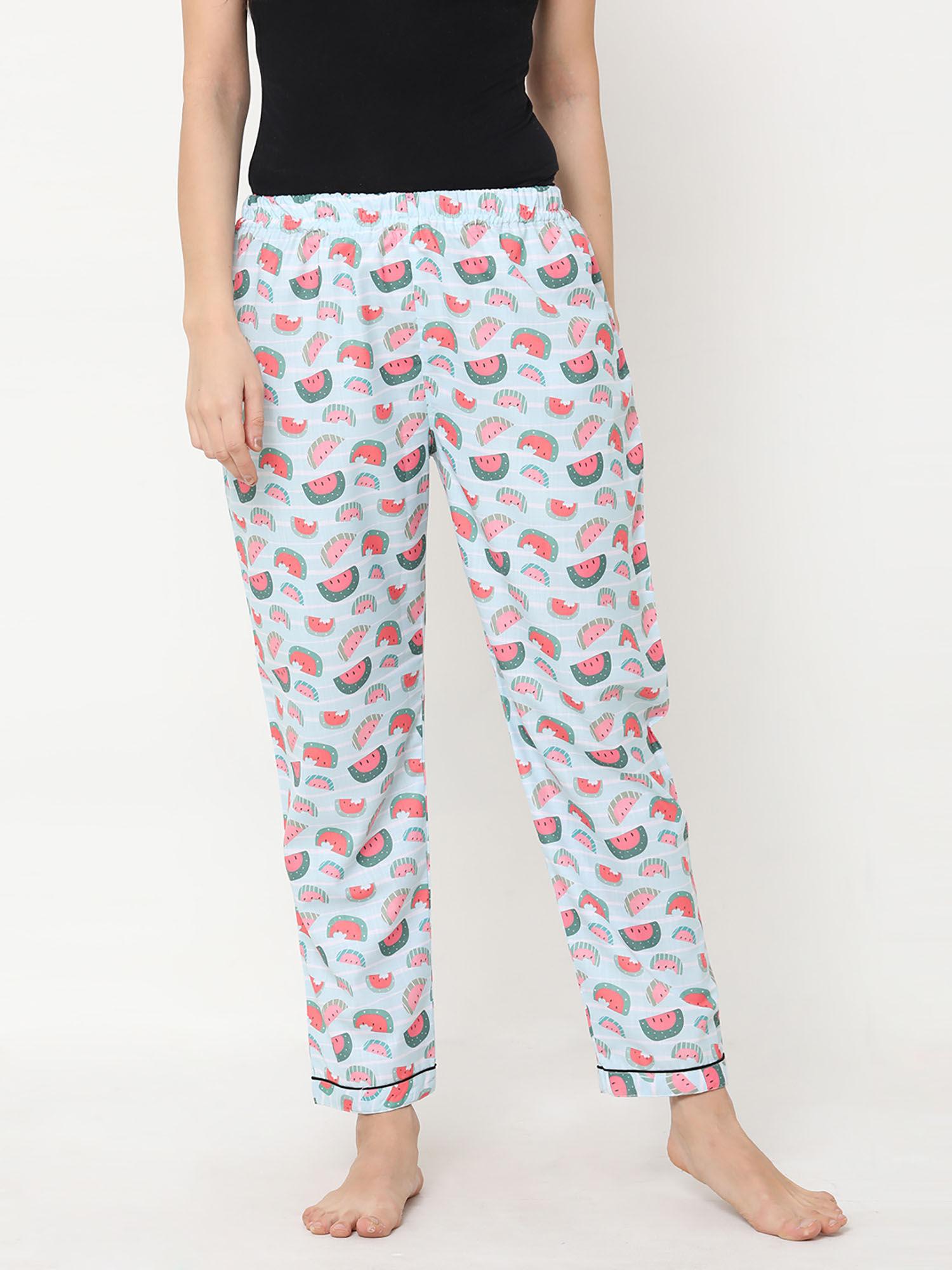 women rayon printed blue pajamas