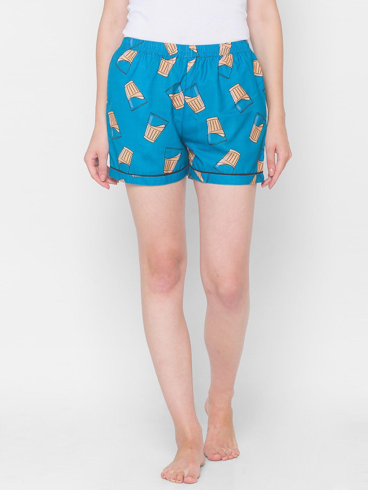 women rayon printed blue shorts