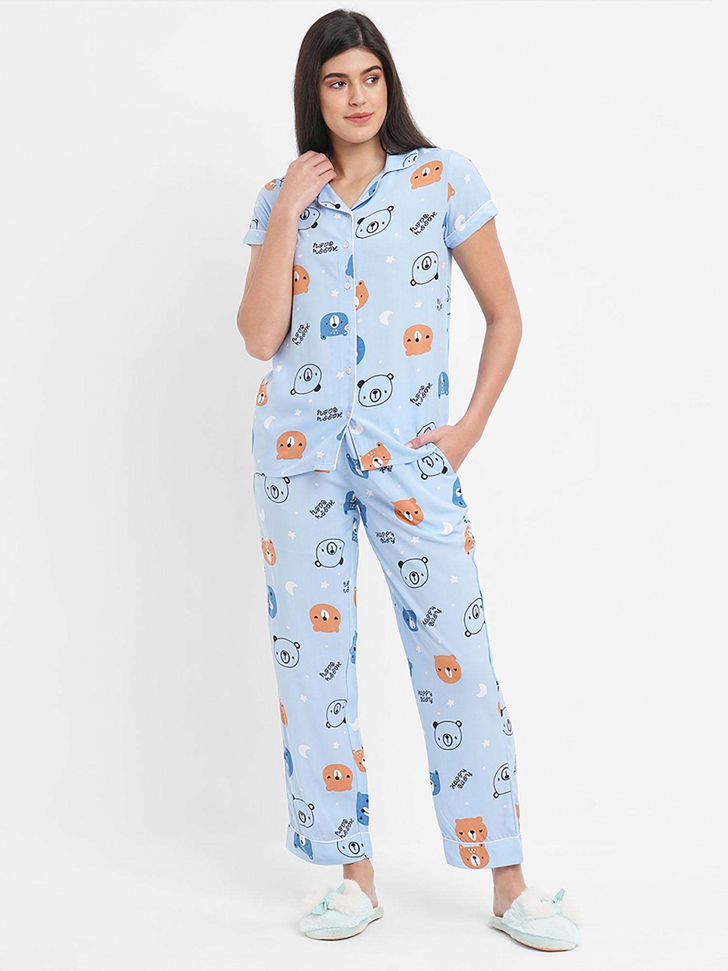 women rayon printed front open pyjama set - blue (set of 2)