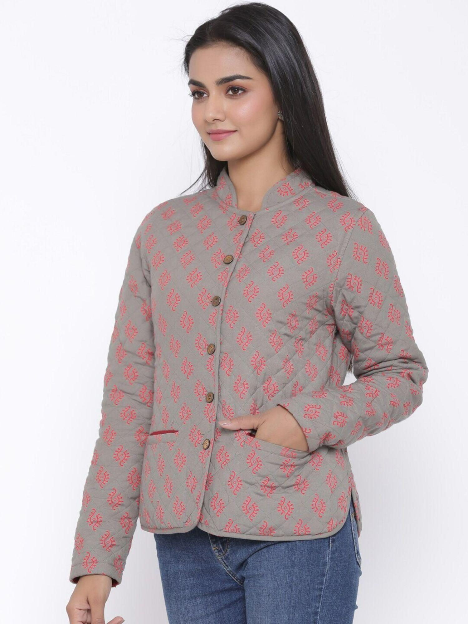 women rayon printed full sleeve quilted jacket