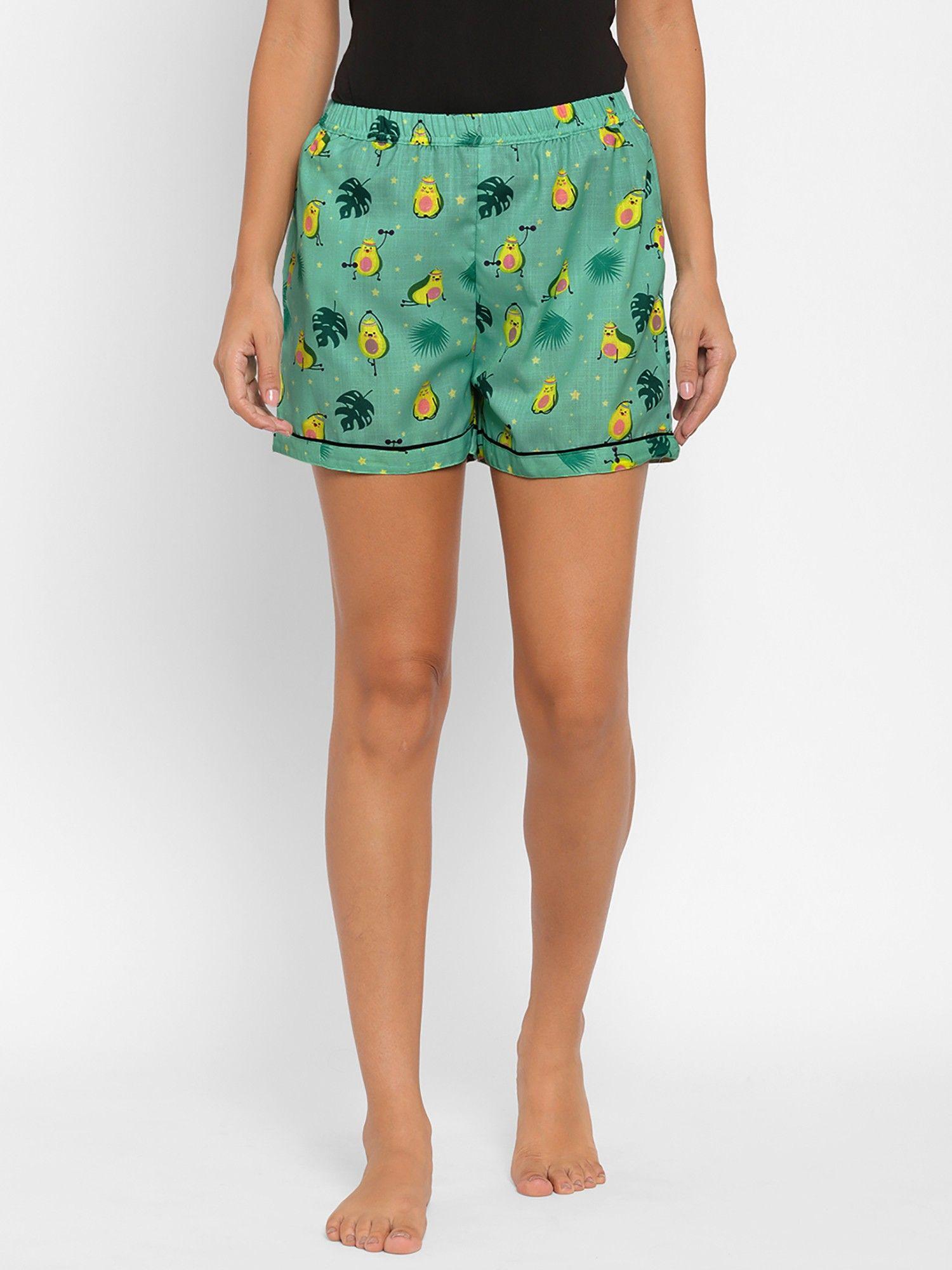 women rayon printed green shorts