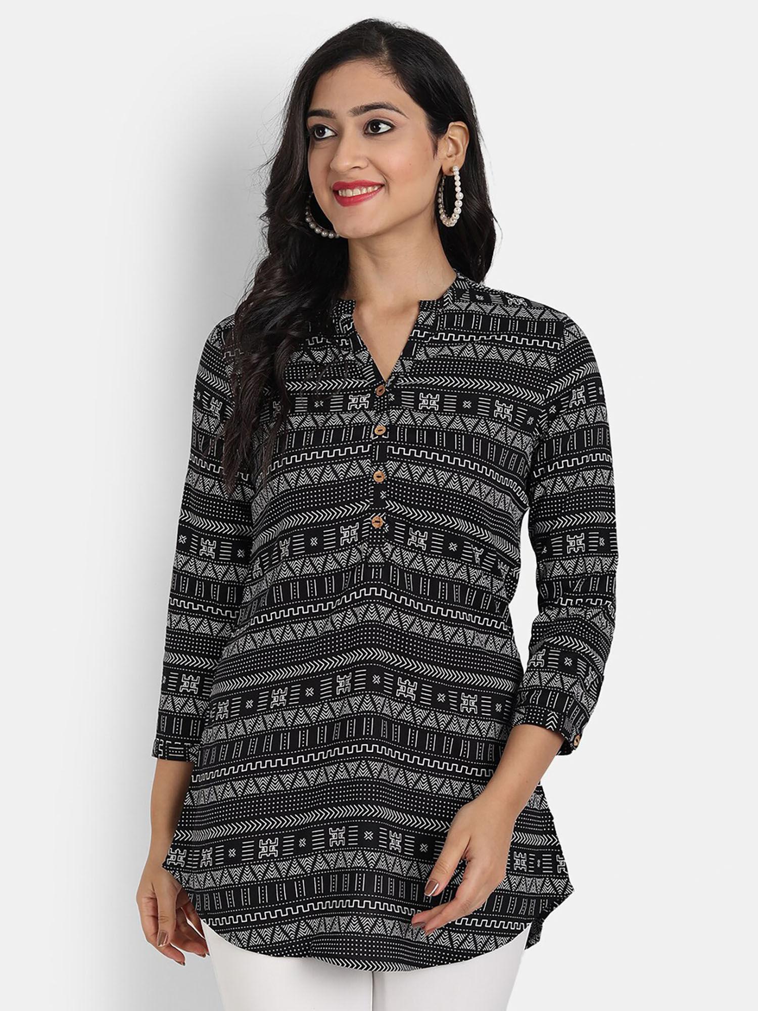 women rayon printed high low tunic-black