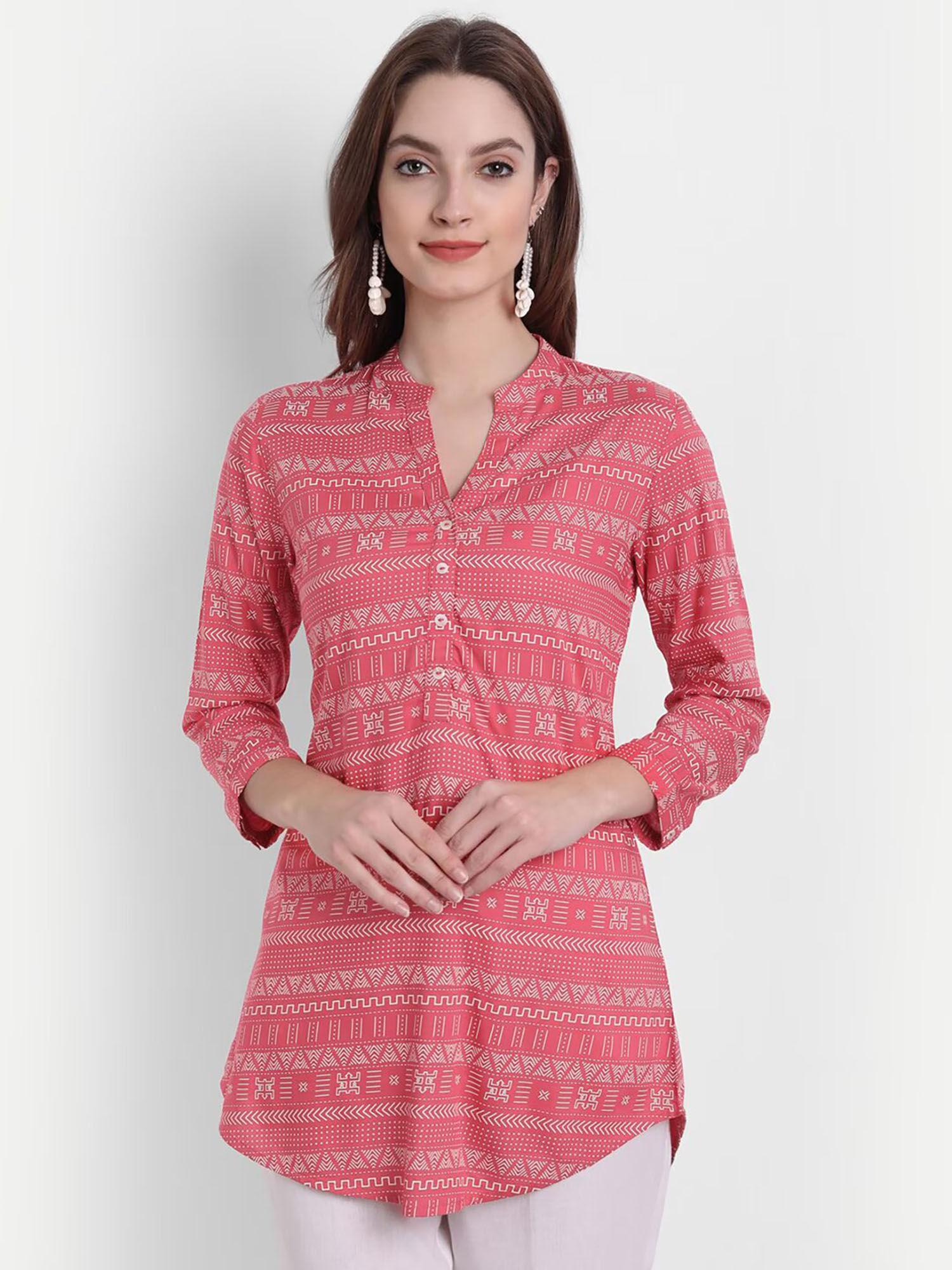 women rayon printed high low tunic-pink