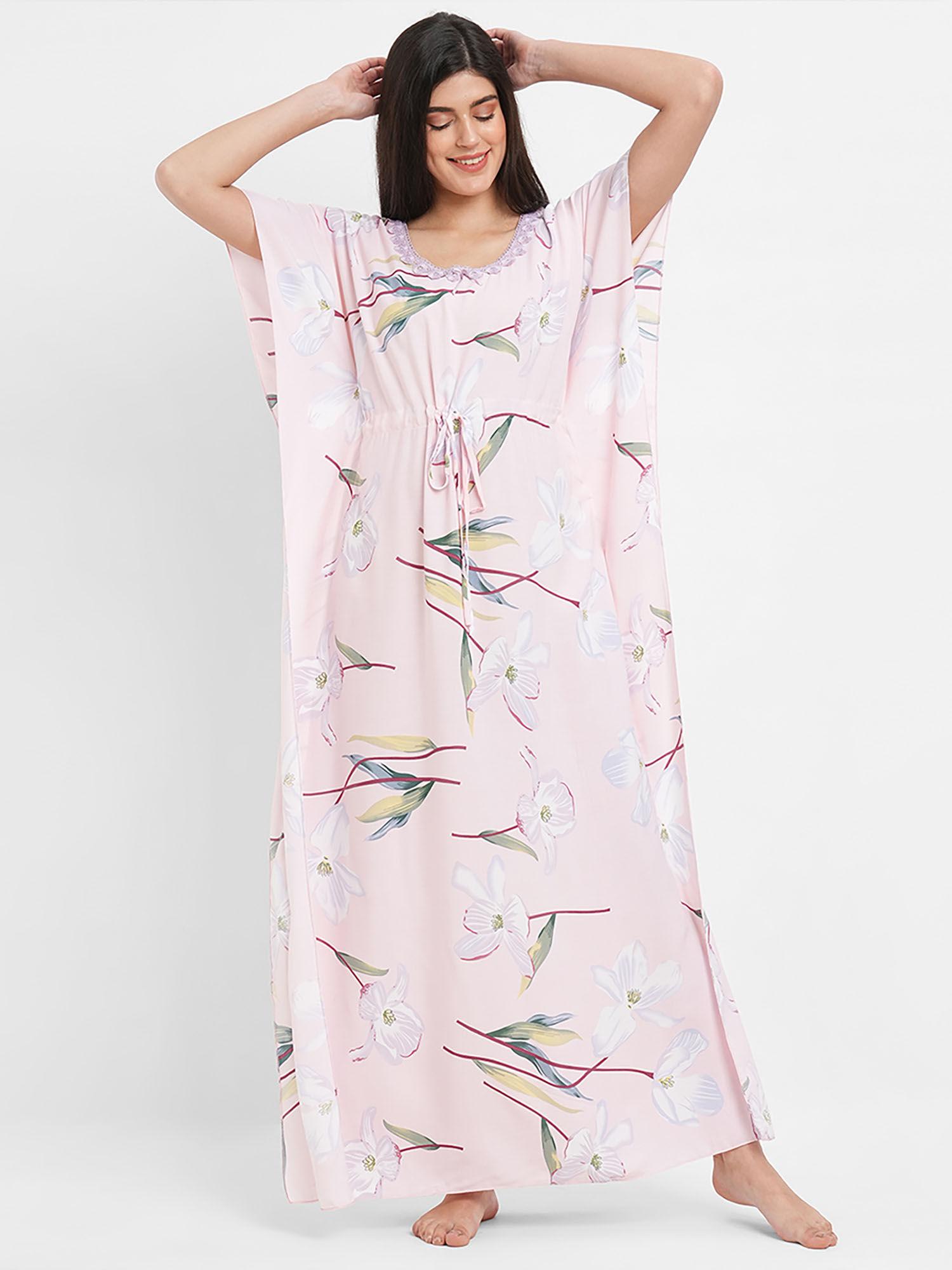 women rayon printed kaftan night gown - pink