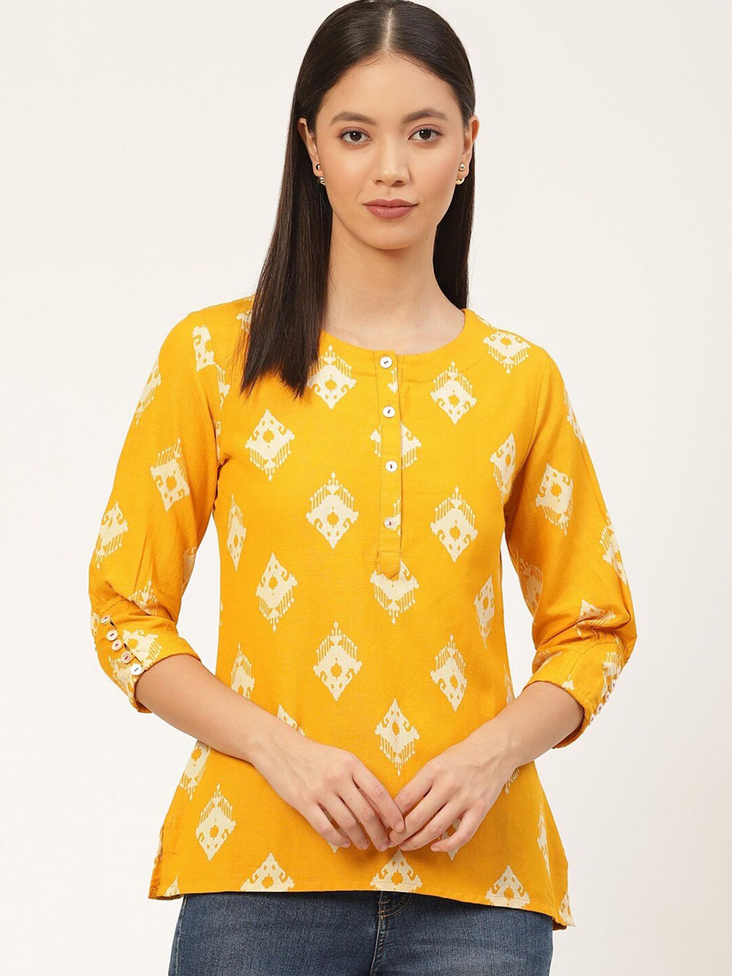 women rayon printed regular top-yellow